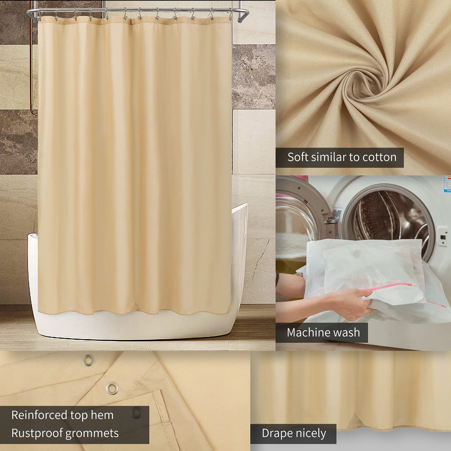 ALYVIA SPRING Waterproof Fabric Shower Curtain Liner with 3 Magnets - Hotel Quality Soft Cloth Shower Liner, Light-Weight & Machine Washable - Standard Size 72x72, Khaki