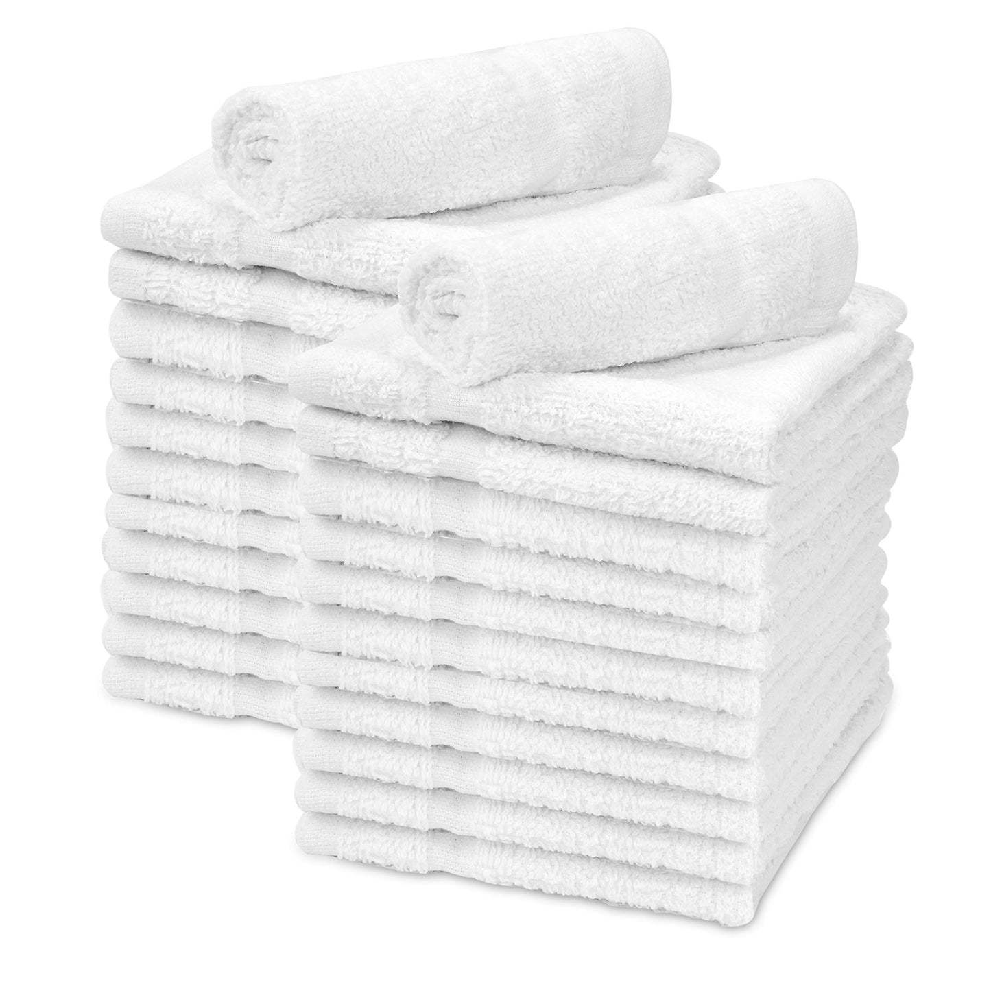 TALVANIA Washcloths Towels 24 Pack Super Absorbent Terry Towel 100% Ring Spun Cotton White Wash Cloth with Border Design Ideal for Face Wash Multi-Purpose Gym Spa Home Bath Towel 12"X12"