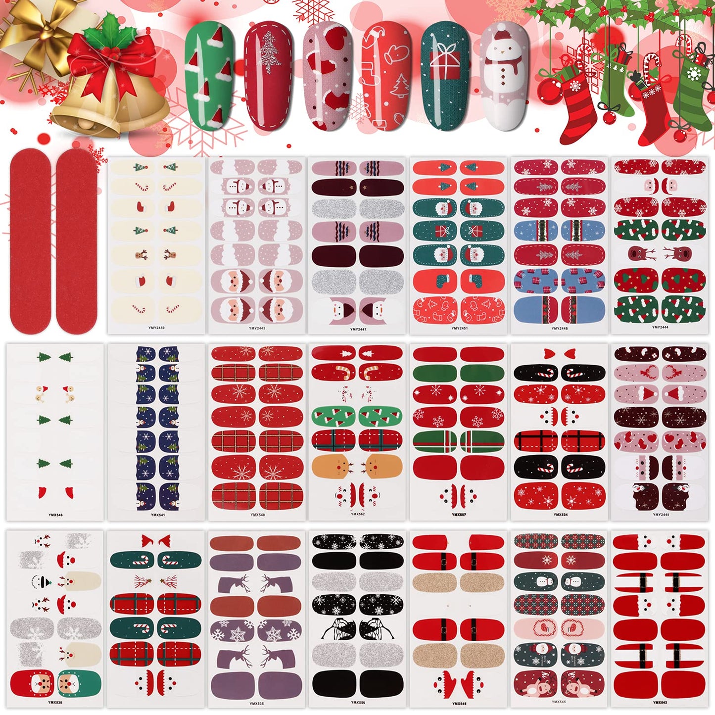 Kalolary 20 Sheets Christmas Full Wraps Self-Adhesive Nail Polish Stickers, Santa Snowman Nail Wraps Stickers with 2Pcs Nail Files for Winter Christmas Nail Art Decorations