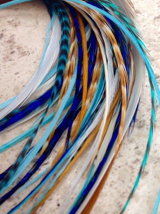 "Navajo" Collection Genuine 100% Real Bohemian Hair Feather Extensions. Kit includes 6 individual hair feathers, hook, beads