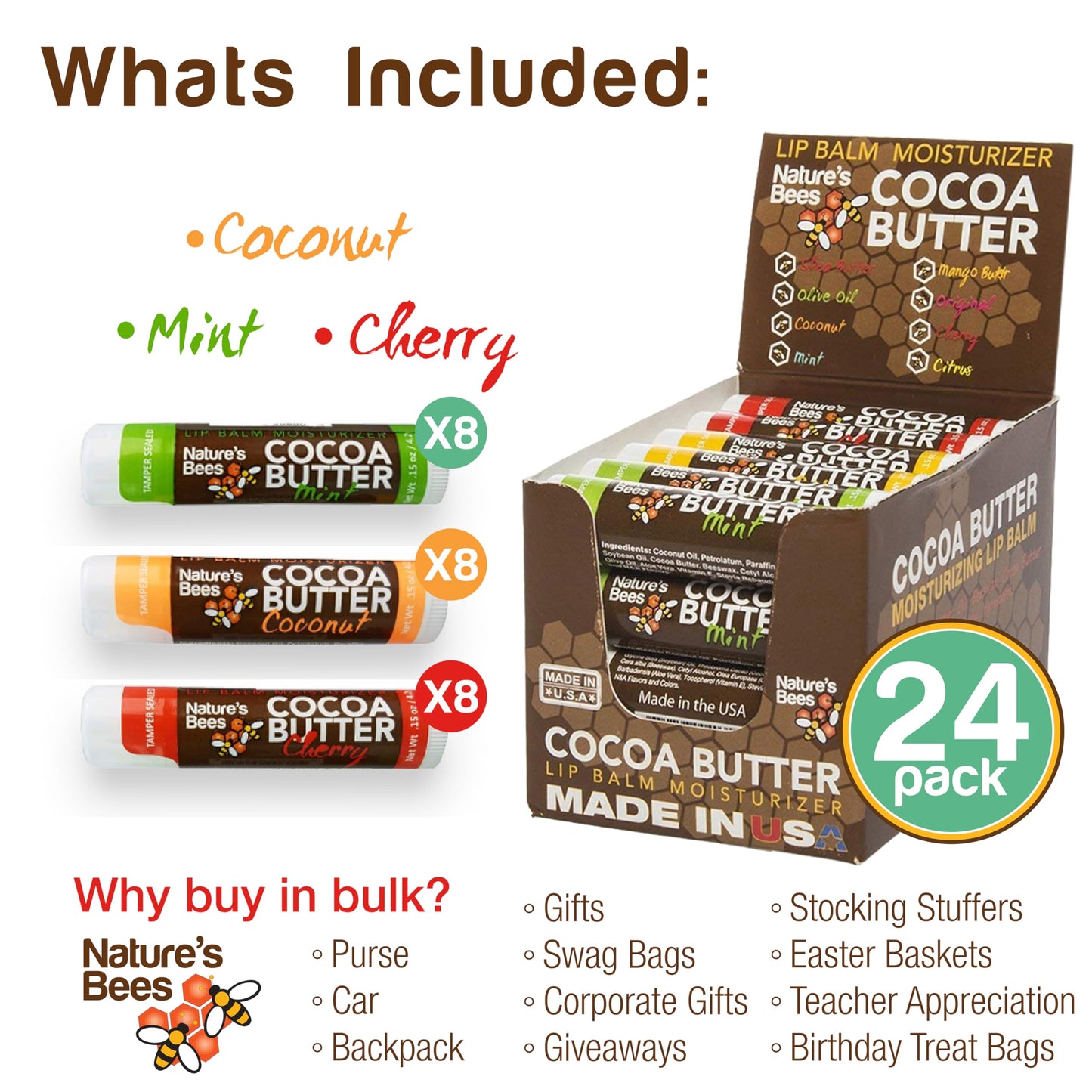 Nature's Bees - Cocoa Butter Lip Balm Moisturizer - Refresh 24 Pack, 3 Flavors - Coconut, Cherry, & Mint - Made w/Coconut Oil, Beeswax, Vitamin E, Aloe, Shea Butter - Made in the USA - 0.15oz (4.2g)