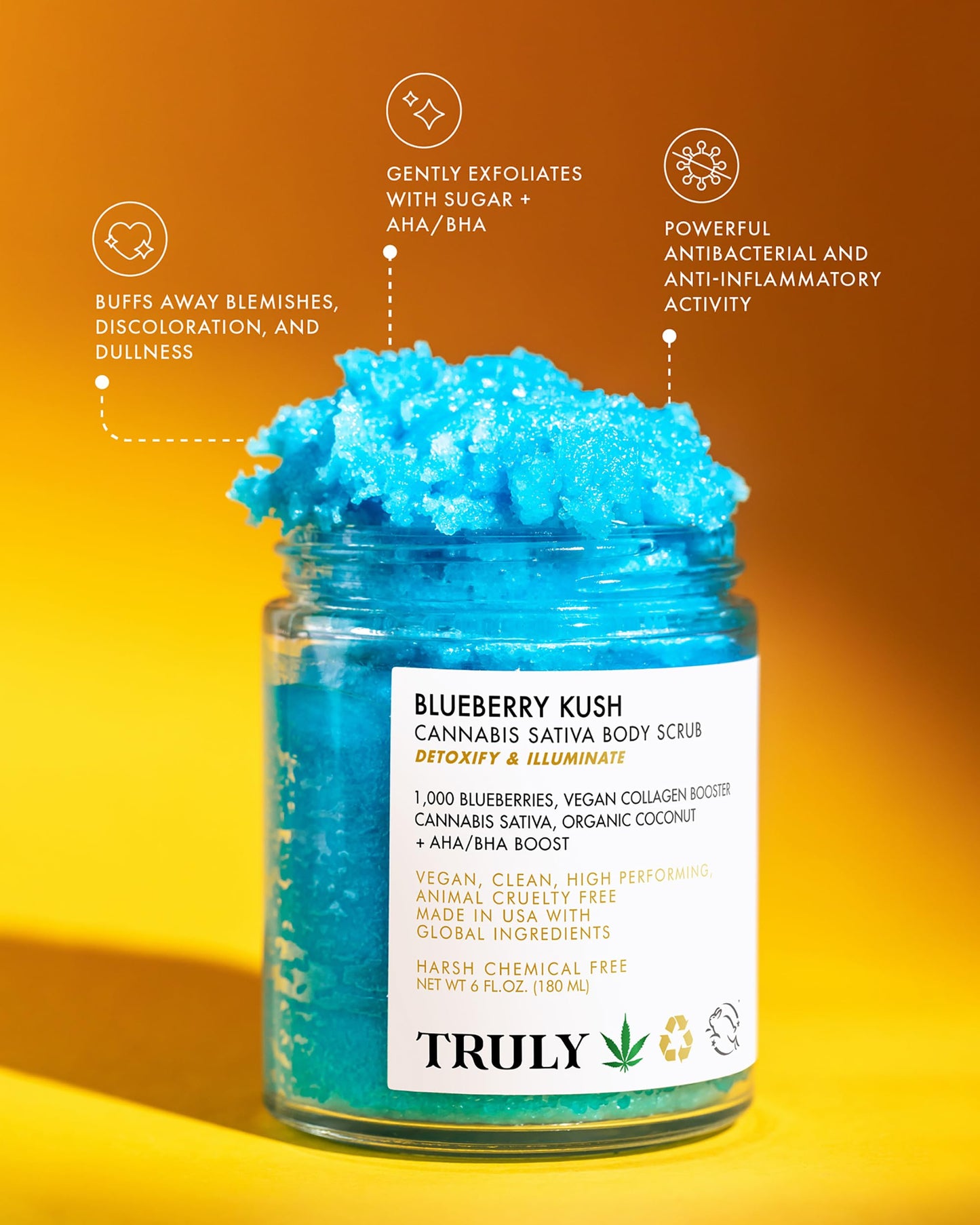 Truly Beauty Blueberry Kush Body Scrub with Hydroxy Acids and Vegan Collagen - Detoxifying Sugar Scrub for Women - Exfoliating Body Scrub for Flawless and Luminous Skin - 6 oz