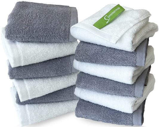 SUMMERMIA 12 Pack Washcloths 13" x 13" - Soft Wash Cloths for Your Face Towel, Wash Cloths for Your Body (White + Gray)