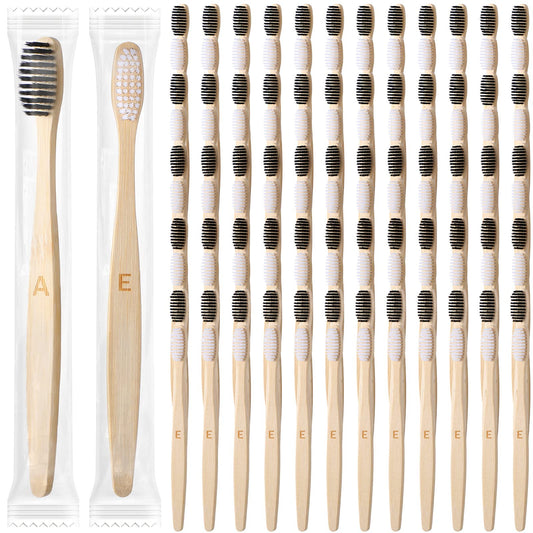 Sieral 120 Pcs Bamboo Toothbrushes Bulk Soft Bristle Travel Toothbrush Wooden 7 Inch Manual for Kids Teens Adults Home Travel, Individually Wrapped (White, Black, Letter Print)