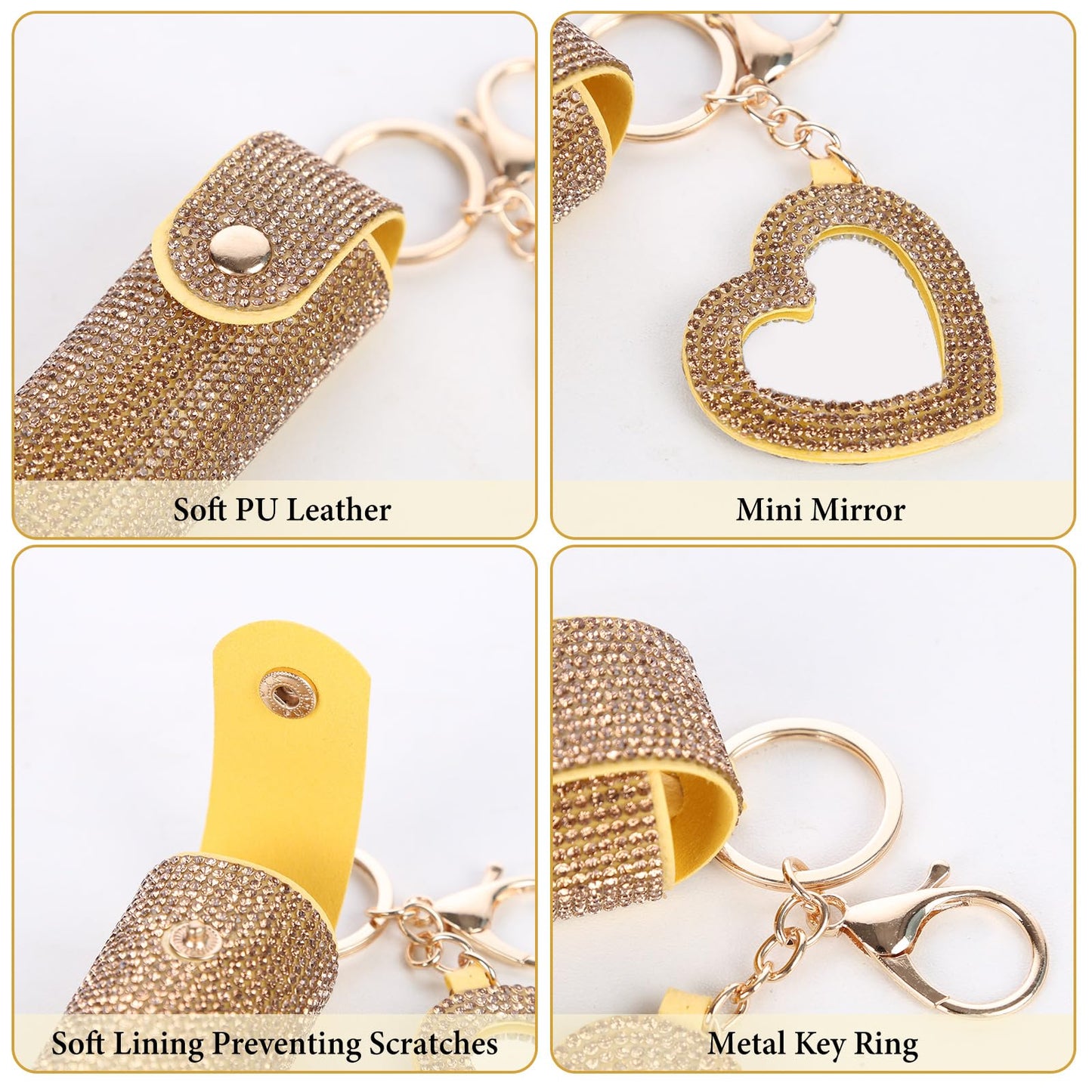 Lipstick Organizer Keychain, Rhinestone Lipstick Case with Mirror for Women, Portable Lipstick Leather Holder Lip Gloss Bag Lip Balm Case for Travel, Party, Holiday Gifts (Yellow)