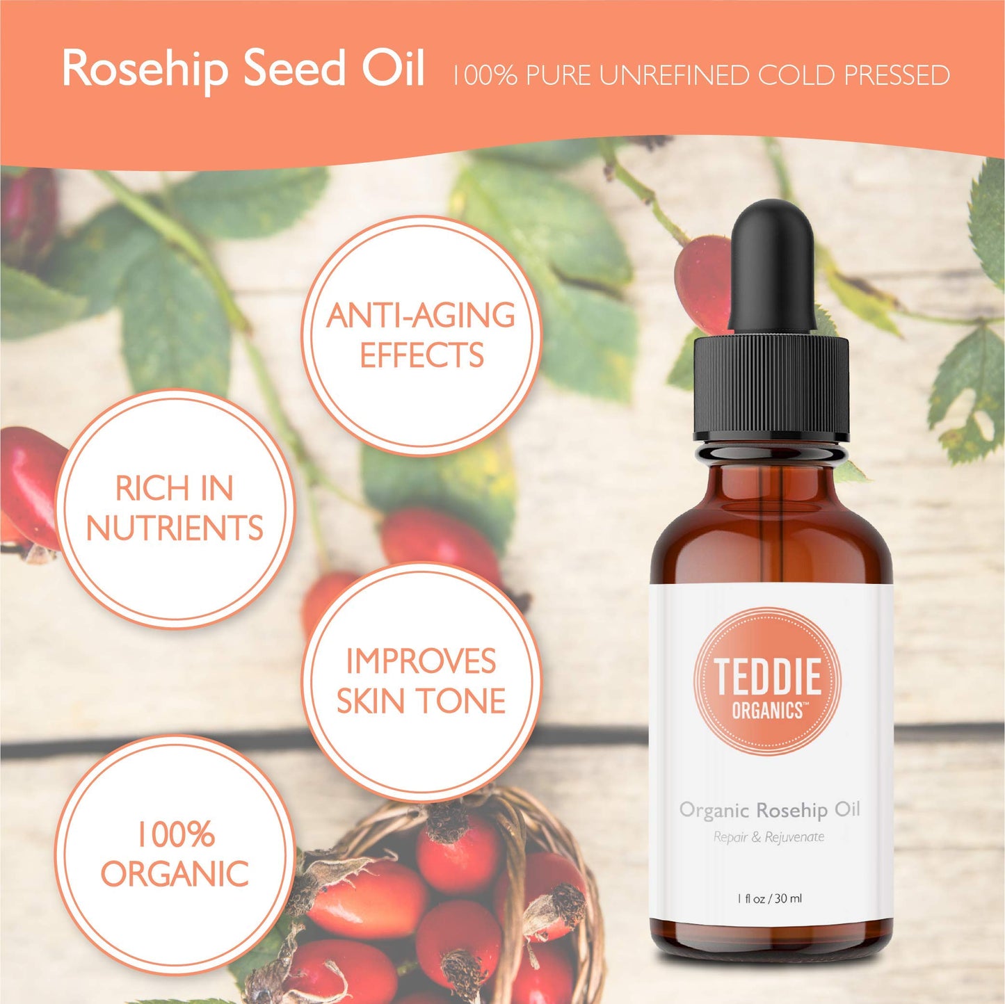 Teddie Organics Rosehip Seed Oil for Face, Hair and Skin 1oz, Pure Rose Hip Oil (Works as a Carrier and Facial Oil)