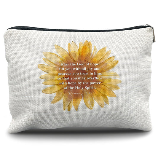 Nogrit Sunflower Christian Makeup Bag Cosmetic Bags for Women, Inspirational Christian Gifts for Women Faith, Religious Bible Verse Small Makeup Cosmetic Bag for Purse, Romans 15:13