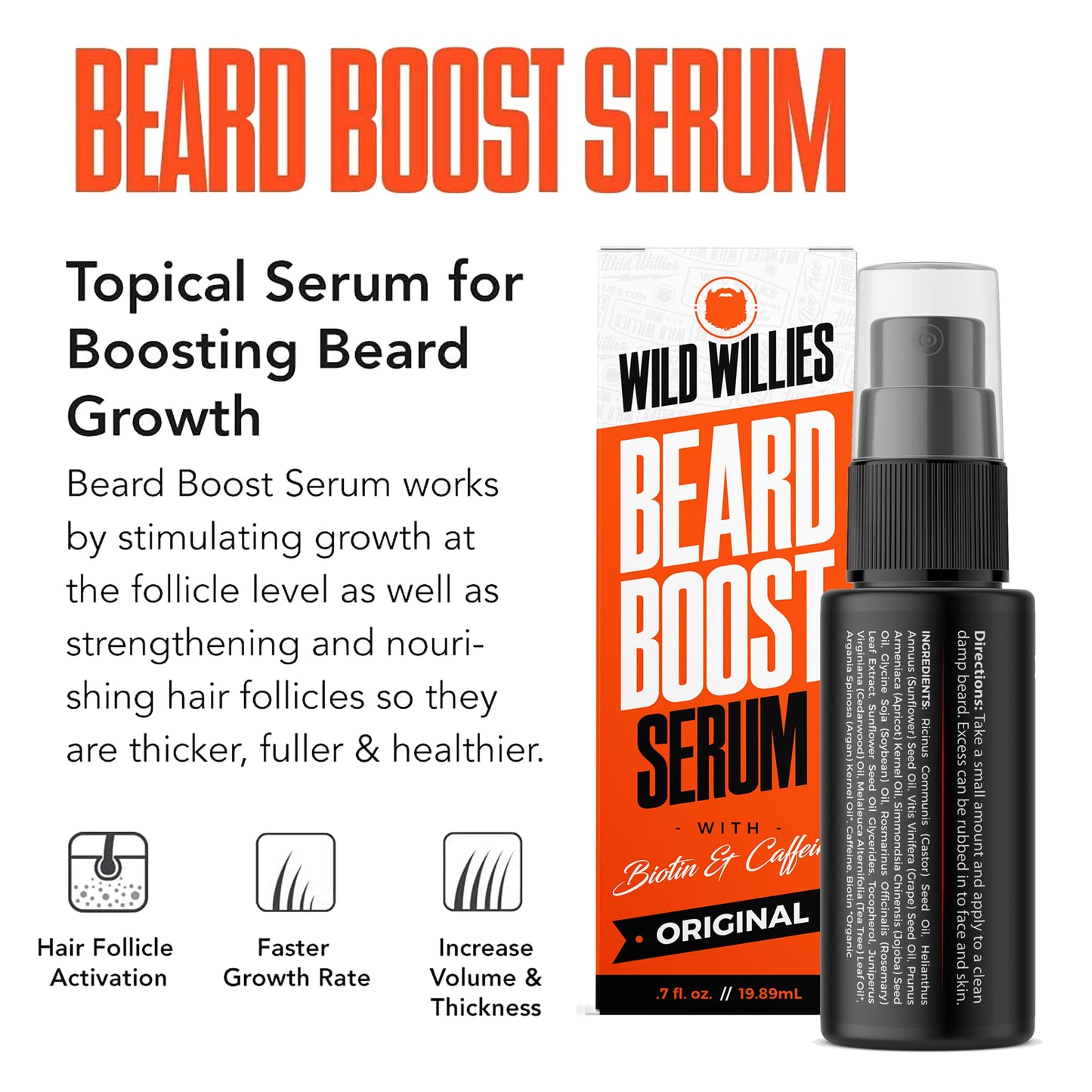 Wild Willies Beard Boost Serum and Growth Supplement Kit for Thicker and Fuller Beard for Beard Enthusiasts, Unscented, 31 Day Supply of Vitamins, Made in USA, 1 fl oz