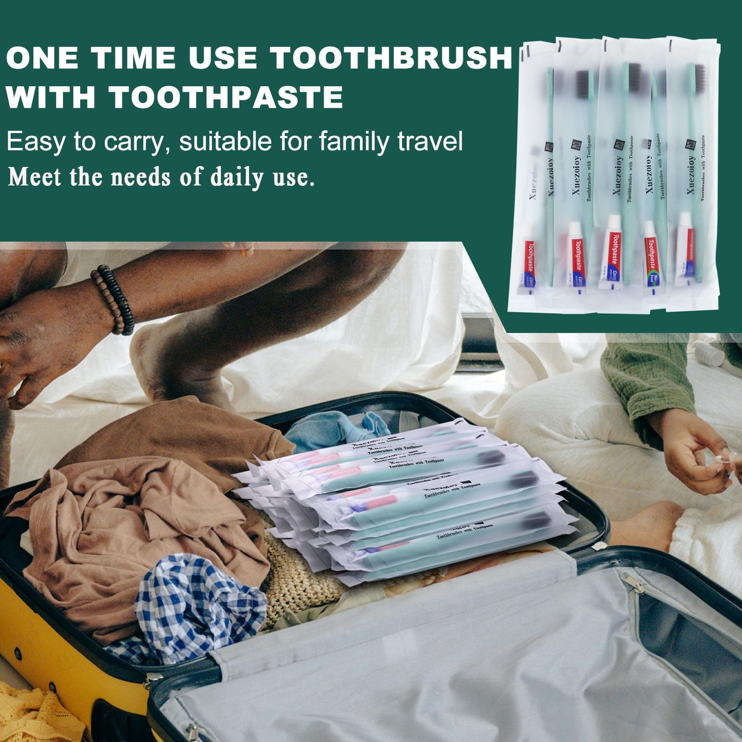 Xuezoioy Disposable Toothbrushes with Toothpaste,60Pack Green Individually Wrapped Disposable Travel Toothbrushes Kit in Bulk for Homeless,Nursing Home,Hotel,Charity