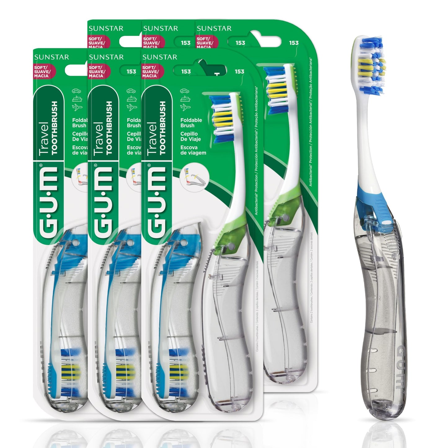 GUM Folding Travel Toothbrush, Compact Head + Tongue Cleaner, Soft Bristled Travel Toothbrushes for Adults, 2ct (Pack of 6)