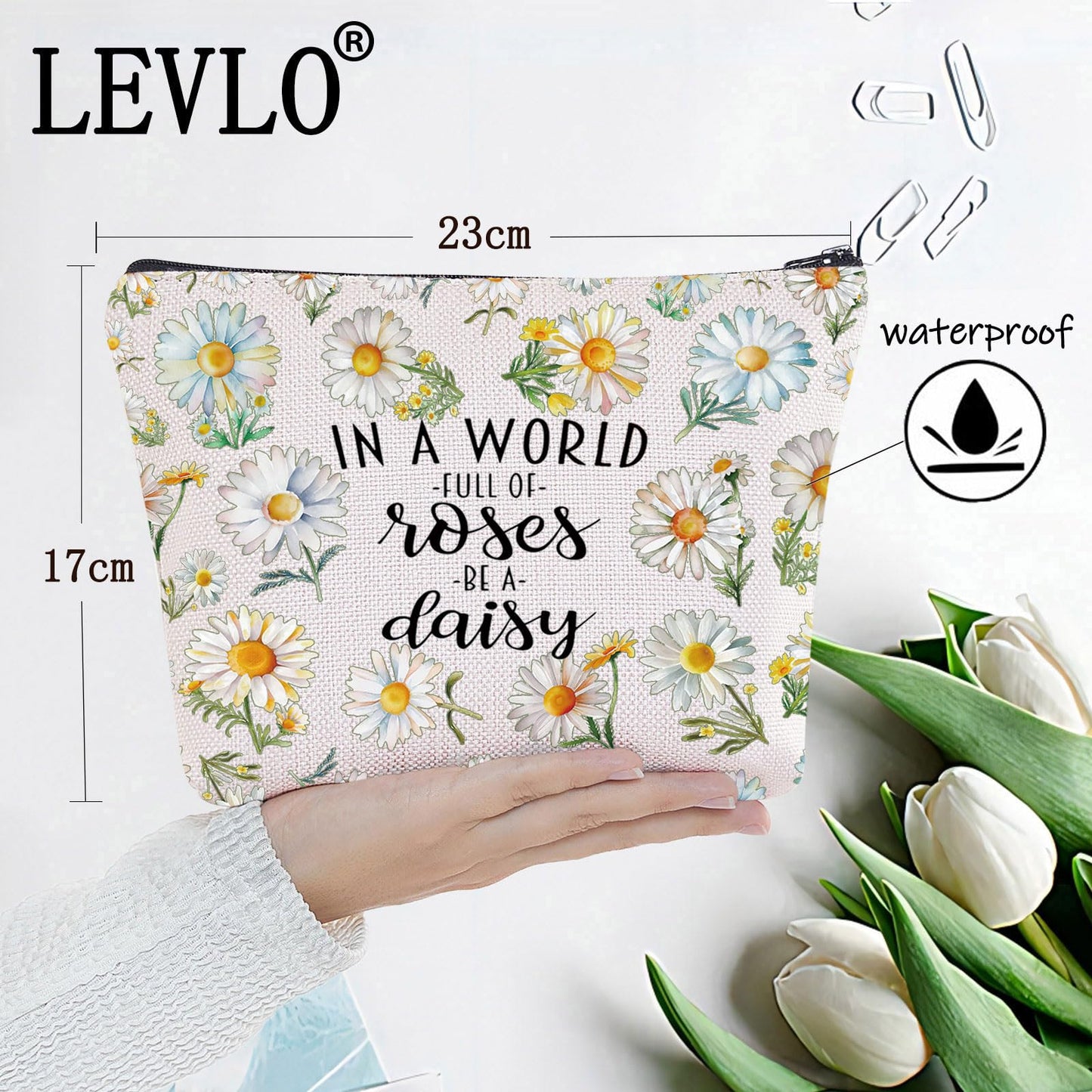 LEVLO Daisy Flower Cosmetic Bag Daisy Lover Gift In A World Full Of Roses Be A Daisy Makeup Zipper Pouch Bag (Daisy)