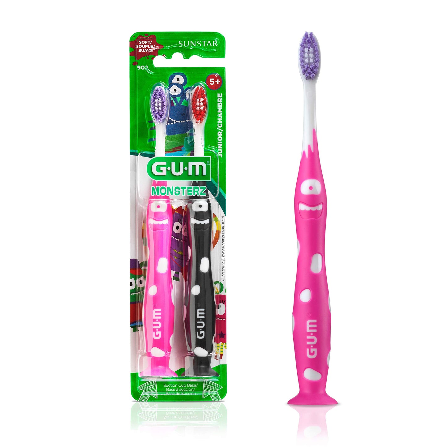 GUM Monsterz Jr Kids’ Toothbrush, Soft Bristled Children’s Toothbrush with Suction Cup, for Ages 5+, 2ct (6pk)