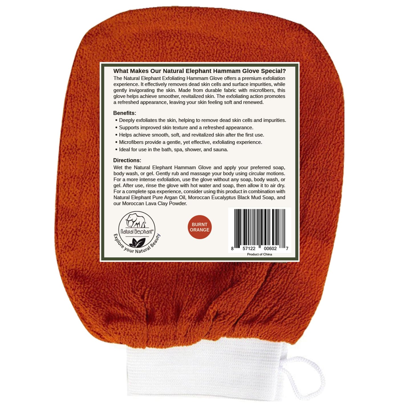 Natural Elephant Exfoliating Hammam Glove, Face & Body Exfoliator Mitt, Burnt Orange