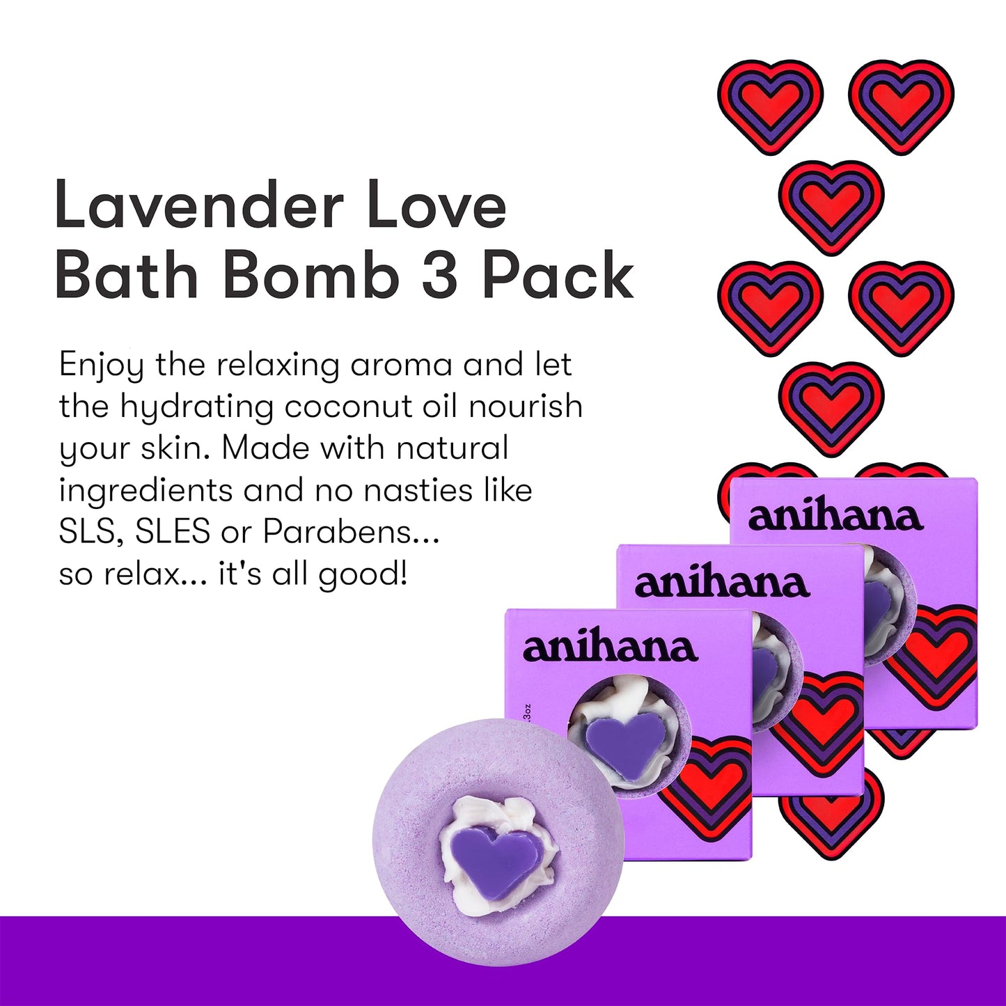 ANIHANA Bath Bombs 3 Pack with Coconut Oil Paraben Free Cruelty Free Refreshing Lavender Love Scent 6.3 oz Each