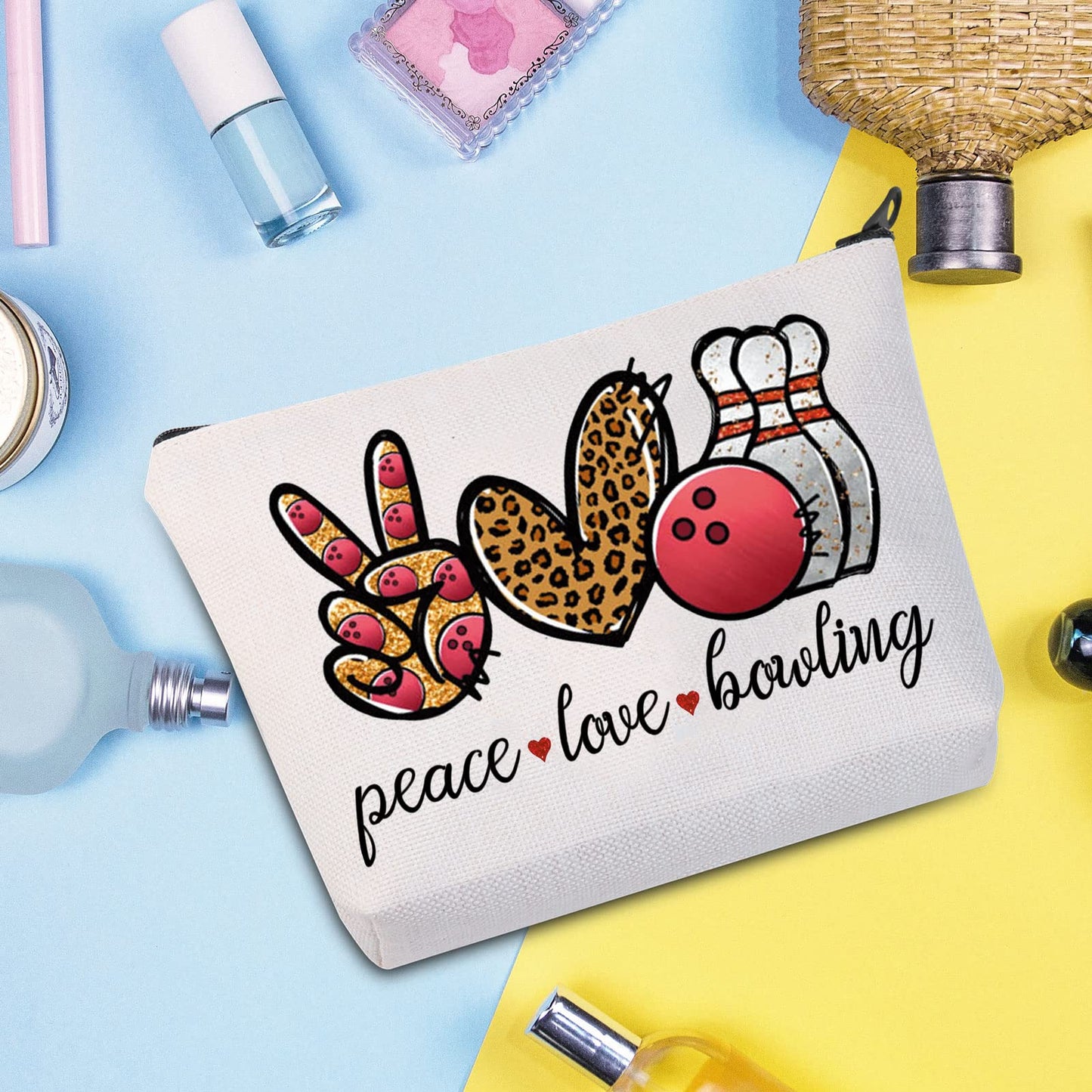 WZMPA Bowling Cosmetic Makeup Bag Bowling Lover Gifts Peace Love Bowling Ball Zipper Pouch For Women Girls (Peace Love Bowling)