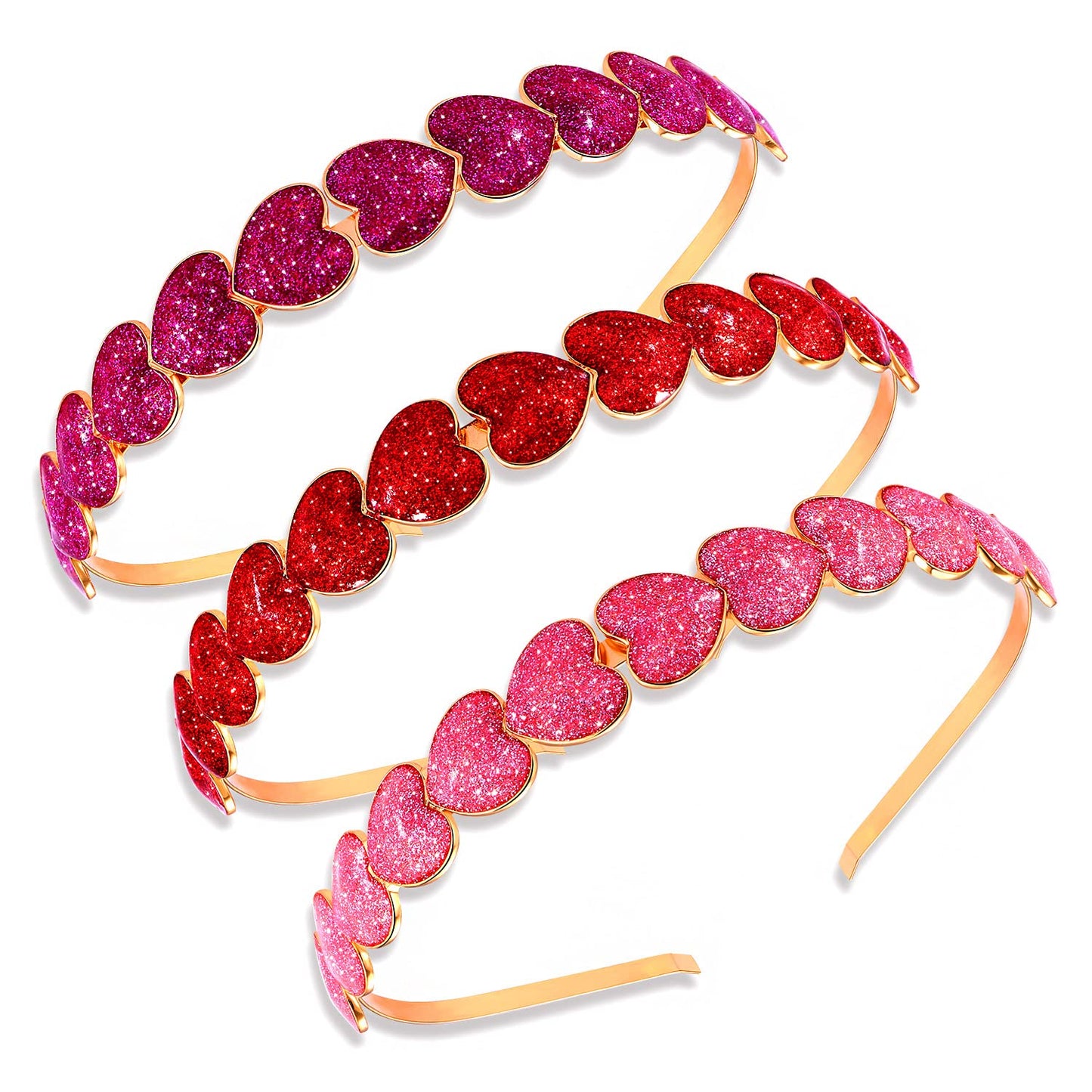 3PCS Valentine’s Day Heart Headbands for Women Glitter Rhinestone Heart Hairbands Sweet Love Heart Hair Hoop Festive Gifts (3PCS Glitter Headband)