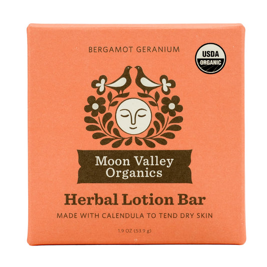 Moon Valley Organics Herbal Lotion Bar in Bergamot Geranium, Moon Melt Bar, Calendula and Comfrey, Beeswax, Heal and Restore Chapped Skin, Soothing