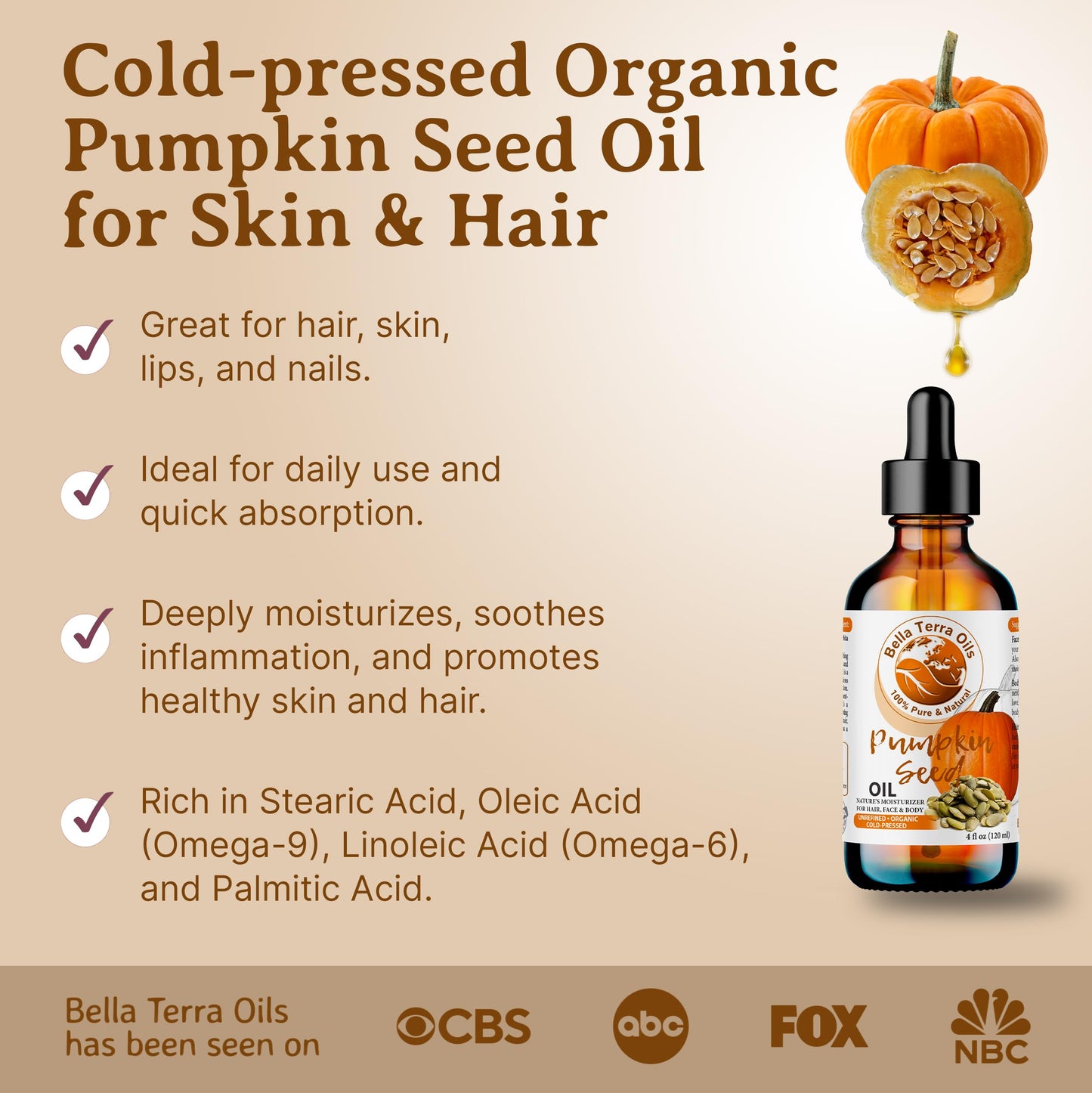 Bella Terra Oils - Organic Pumpkin Seed Oil 4oz - A Rendezvous with Organic Pumpkin's Nutritional Delight, Abundant in Vitamin C & E, The Epitome of Skin Purity