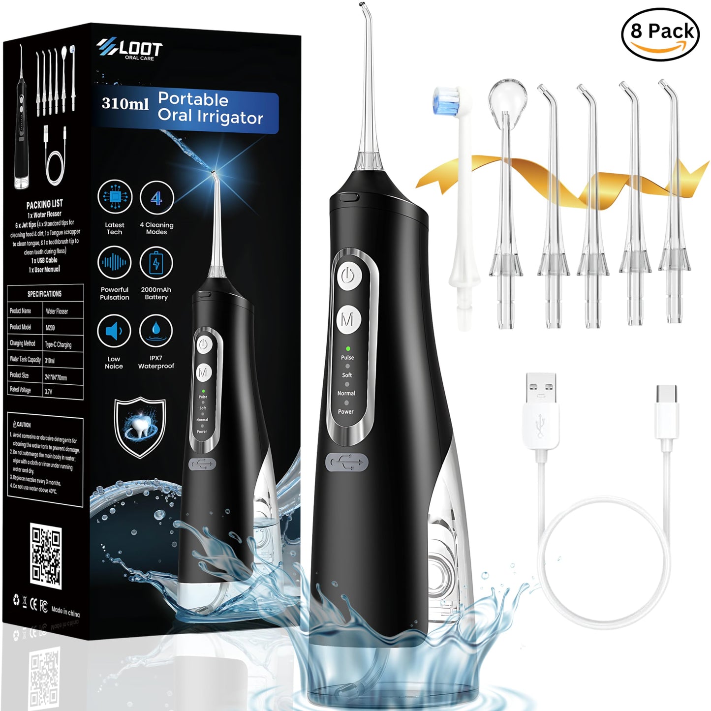 Dental Water Flosser Cordless, 310ML Electric Flosser Rechargeable with 4 Cleaning Modes & 6 Replaceable Jet Tips, IPX7 Waterproof Electric Waterflosser for Teeth Cleaning, Portable Oral Irrigator