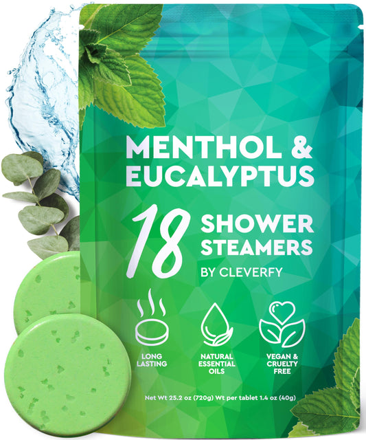 Cleverfy Shower Steamers Aromatherapy 18 Pack - Eucalyptus & Mint Shower Bombs with Natural Essential Oils - Relieve Sinus Congestion, Relaxation & Refresh - Self Care Gifts for Women & Men