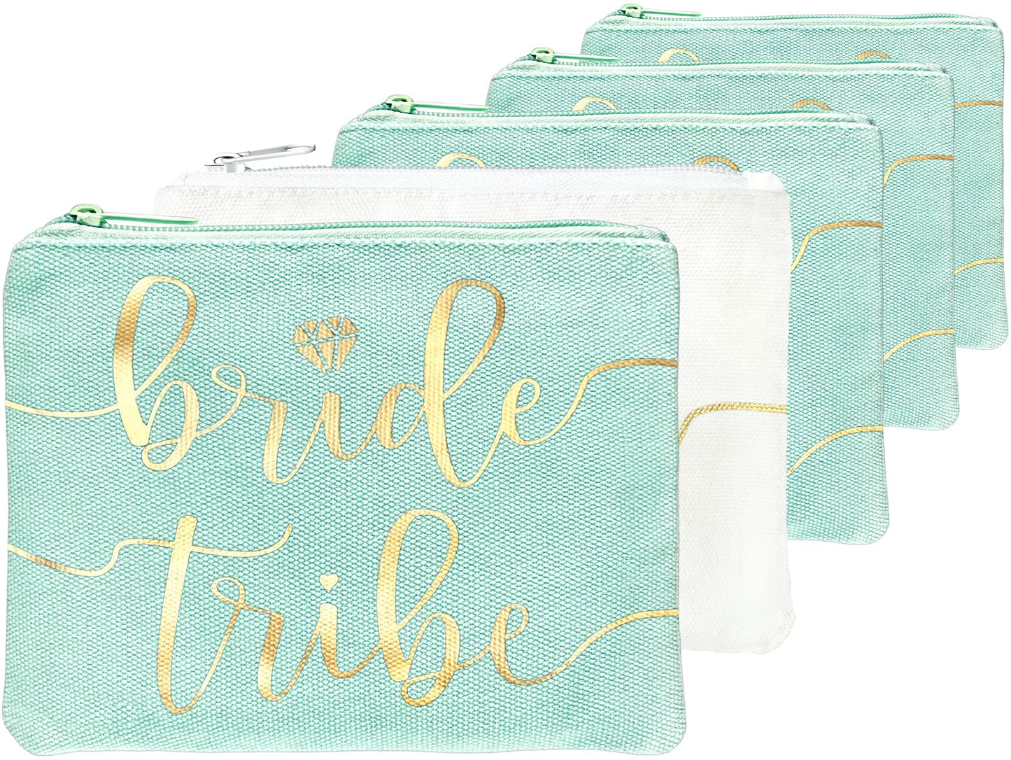 Bride Tribe Makeup Bags - Bridesmaid Favor for Bachelorette Party, Bridal Shower, Wedding. Cosmetics/Toiletries Bag, Wedding Survival Kit, Hangover Kit, Keepsake (4+1pc Bride Tribe + Bride, Mint)