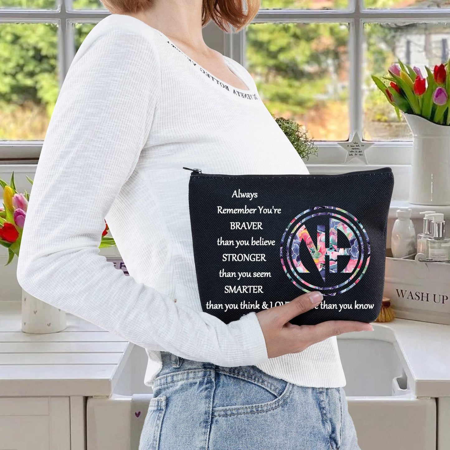 LEVLO Narcotics Anonymous Cosmetic Make up Bag NA Sobriety Gift NA Recovery You Are Braver Stronger Smarter Than You Think Makeup Zipper Pouch Bag (NA Black)