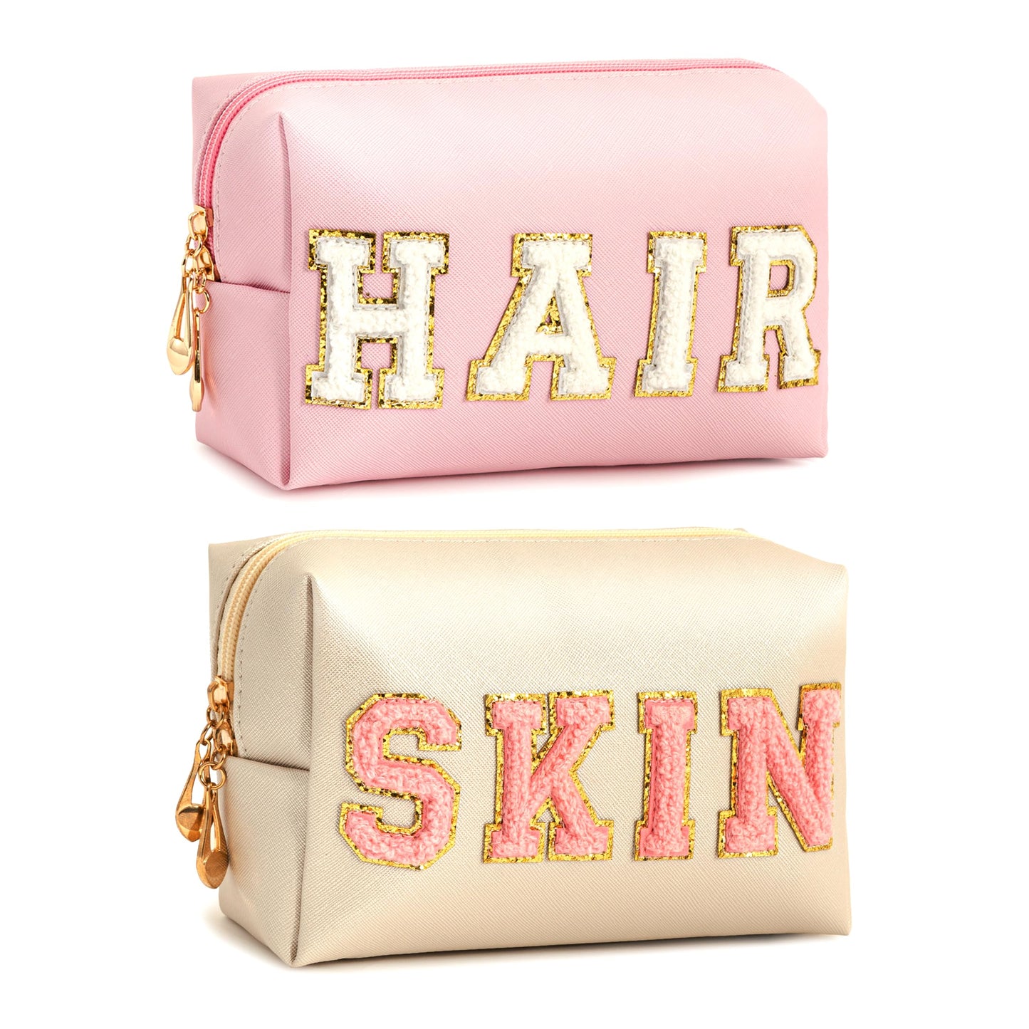 Vorey 2PCS Preppy Makeup Bag for Women Travel Toiletry Bag Chenille Letter Cosmetic Bag PU Leather Waterproof Pouch Cute Zipper Organizer, Skin and Hair