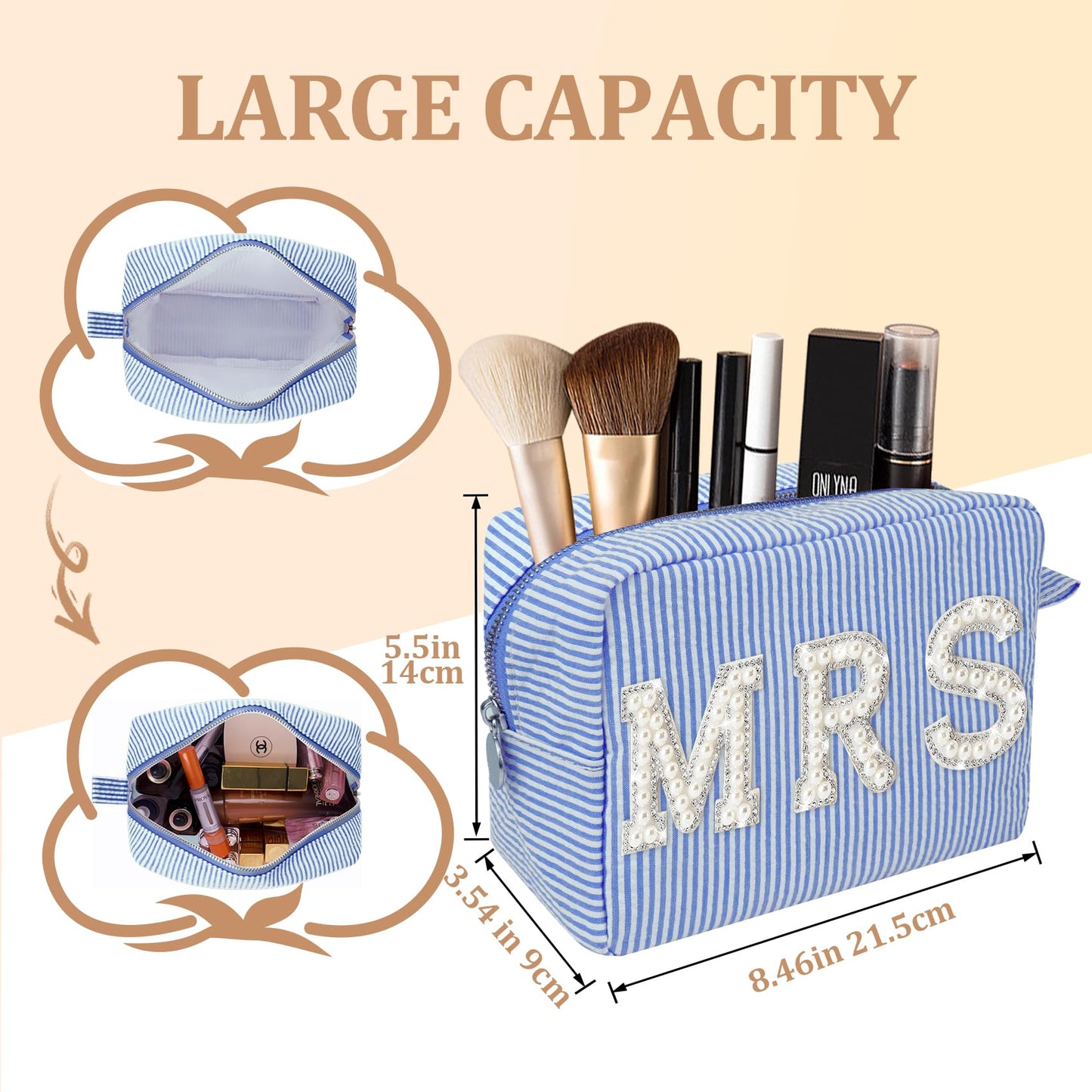 QFDS Gift for MRS,Birthday Gifts for Women,Bride,Wife,Grandmother,Large Stripe Makeup Bag Cosmetics Bag,Bling Pearl Rhinestone Zipper Pouch (sea blue-MRS)