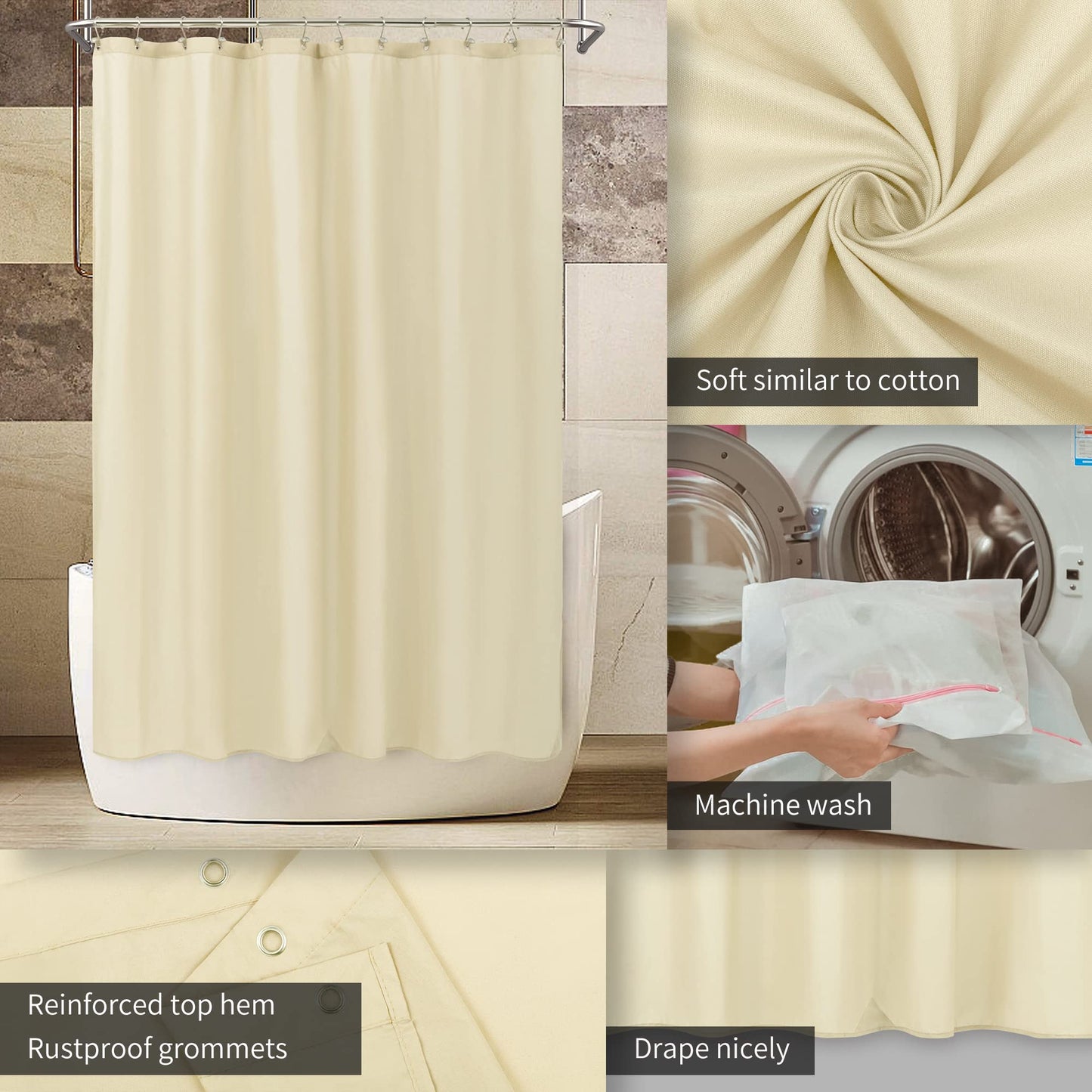 ALYVIA SPRING Cream Fabric Shower Curtain Liner Waterproof - Soft & Light-Weight Cloth Shower Liner with 3 Magnets, Hotel Quality & Machine Washable - Standard Size 72x72, Cream