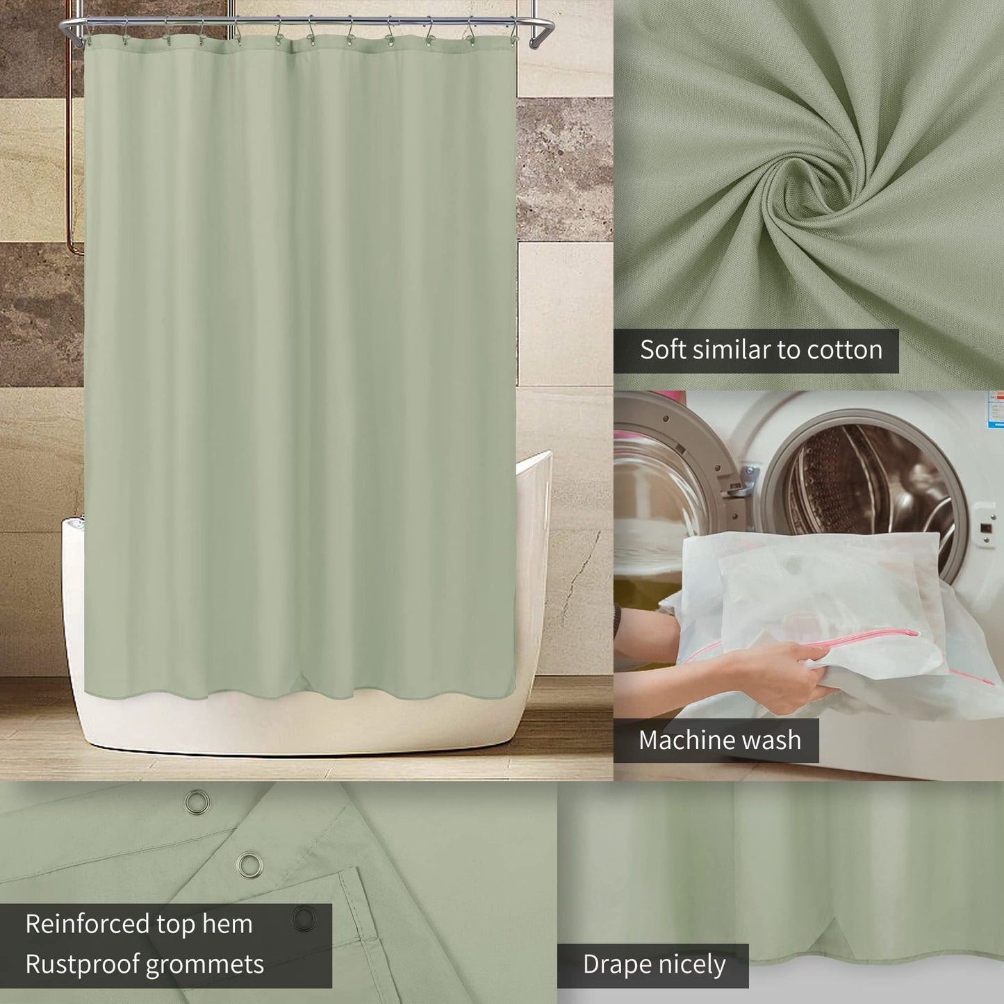 ALYVIA SPRING Sage Green Fabric Shower Curtain Liner Waterproof - Soft & Light-Weight Cloth Shower Liner with 3 Magnets, Hotel Quality & Machine Washable - Standard Size 72x72, Desert Sage