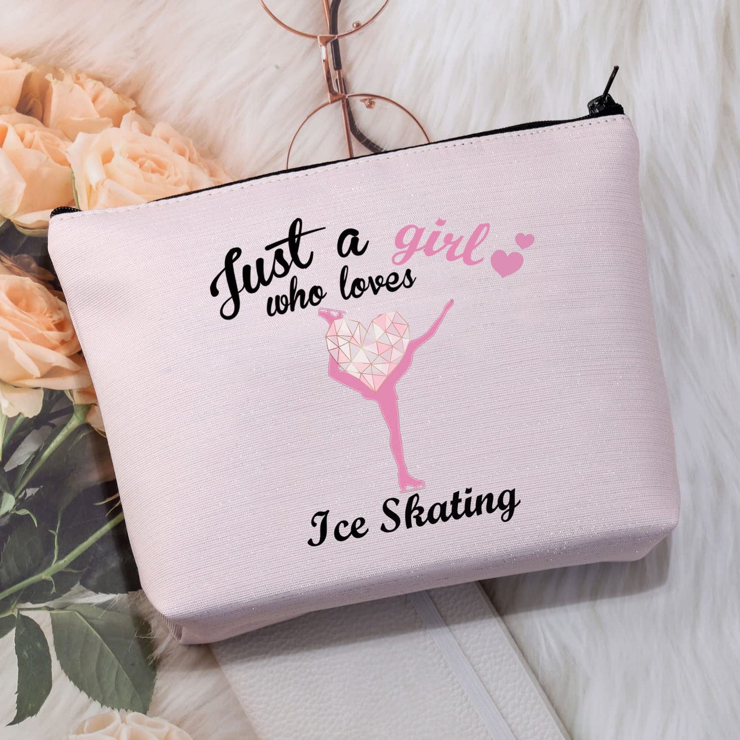 CMNIM Ice Skating Gifts Skating Makeup Bag Figure Skating Gifts Just a Girl Who Loves Ice Skating Gifts for Girls Skater Gifts Cosmetic Bag Travel Pouch Toiletry Bag (Ice Skating pink)