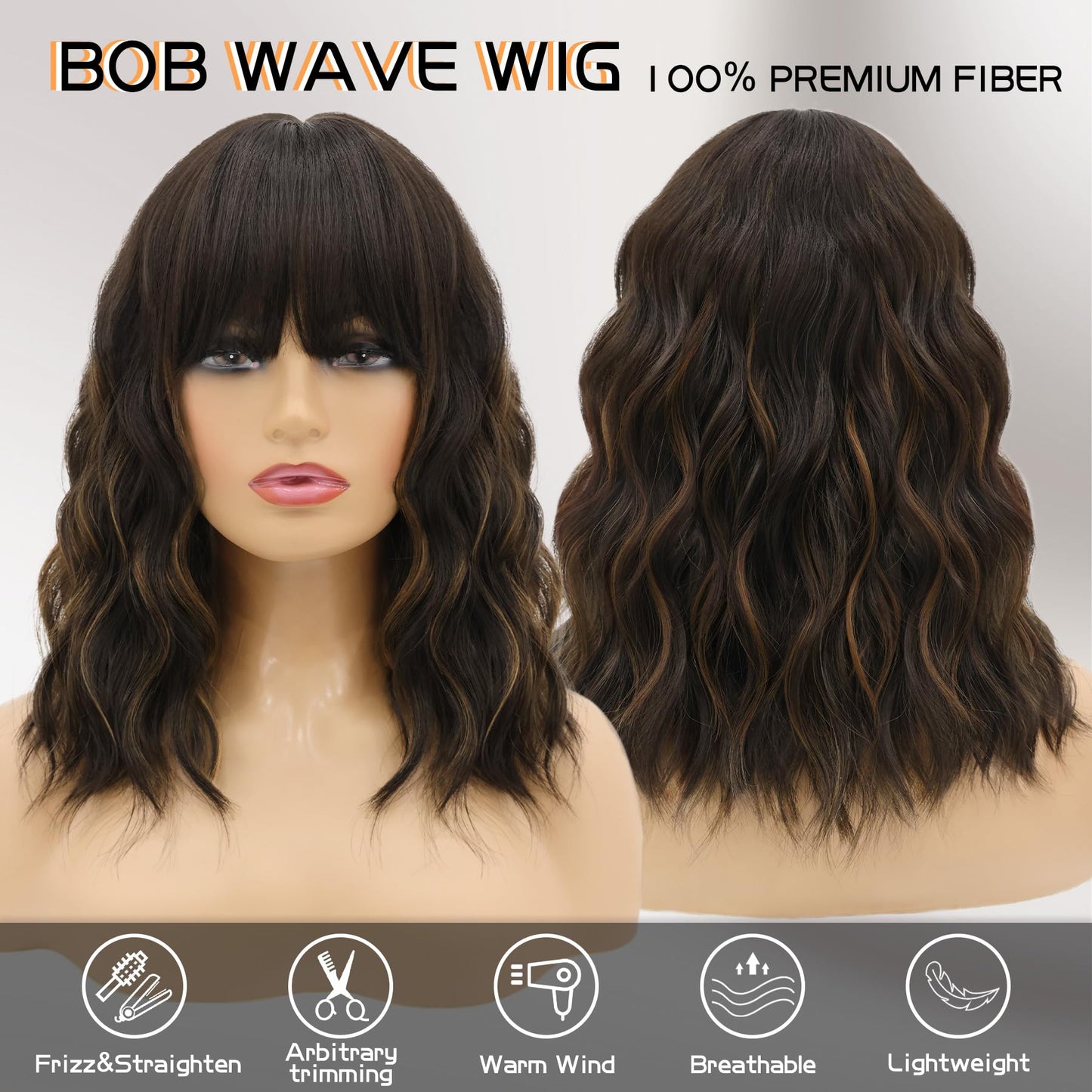 MOSINA Bob wig with Bangs for Women,Black mixed with light brown Wig,14" synthetic bob wigs,Heat Resistant Fiber Wig for Suitable for work, parties and other occasions Use………