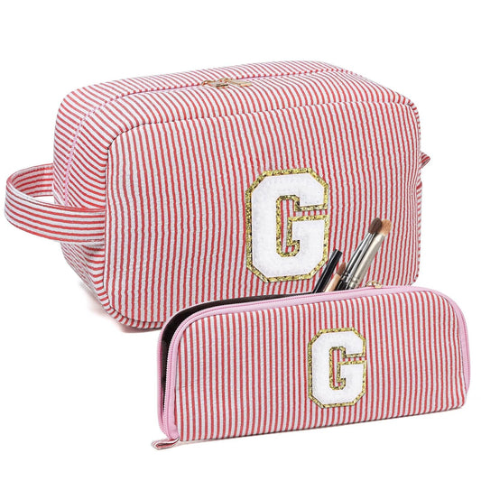 Avgiedy 2Pcs Makeup Bag, Cute Cosmetic Bag, Personalized Initial Preppy Large Capacity Travel Makeup Bag Organizer, Makeup Bag is for Mother, Wife, Friends Birthday, Valentine's Day Gifts-Pink