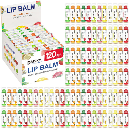 DMSKY 120 Pack Lip Balm, Lip Balm Bulk with Vitamin E and Coconut Oil, Moisturizing Lip Balm for Dry Lips, Stocking Stuffers for Women Girls-12 Flavors