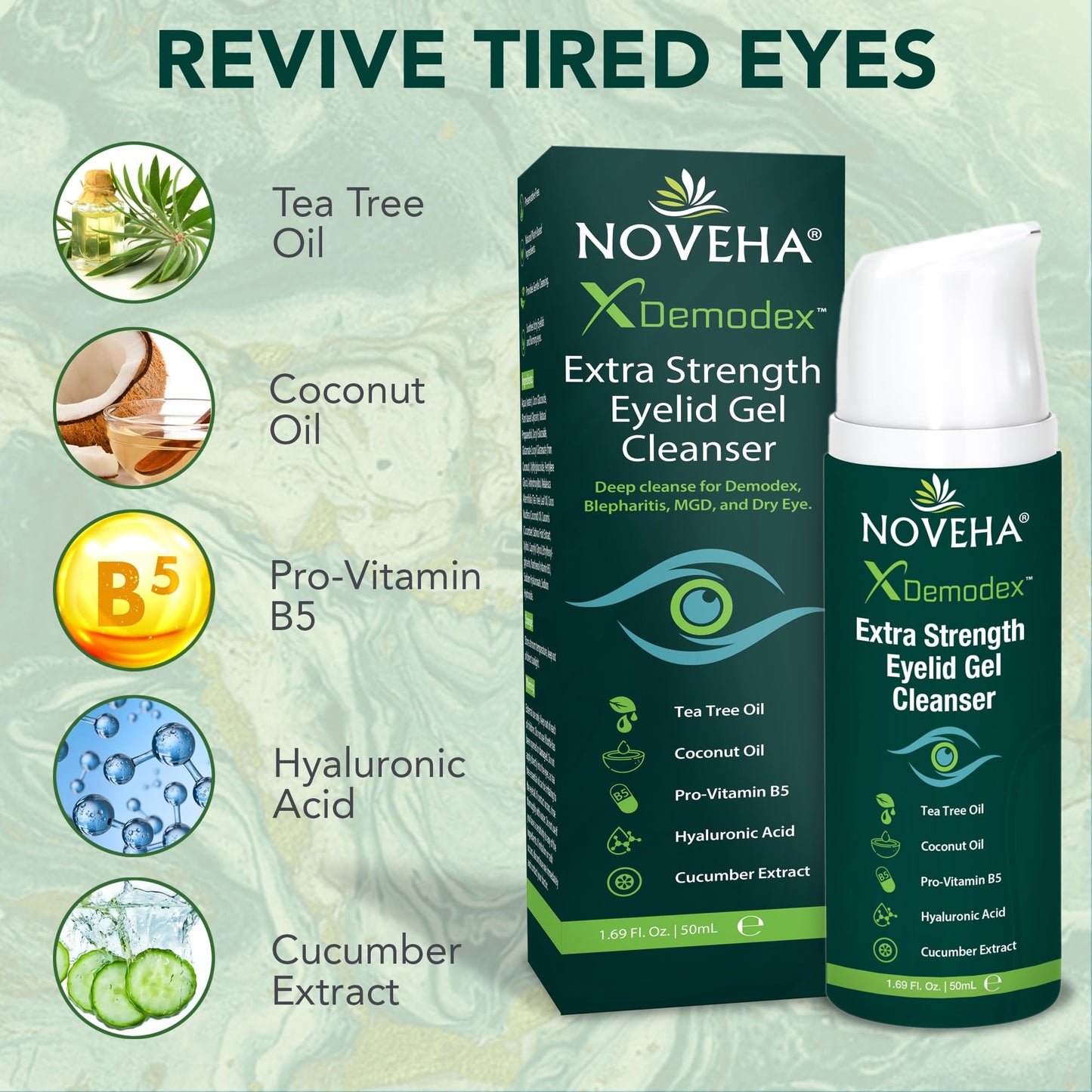 NOVEHA Demodex Extra Strength Eyelid Gel Cleanser - for Demodex, MGD and Dry Eye with Pro-Vitamin B5, Tea Tree Oil, and Hyaluronic Acid - Gentle Cleansing, Soothes Itchy Eyelid - 50mL (1 Pack)