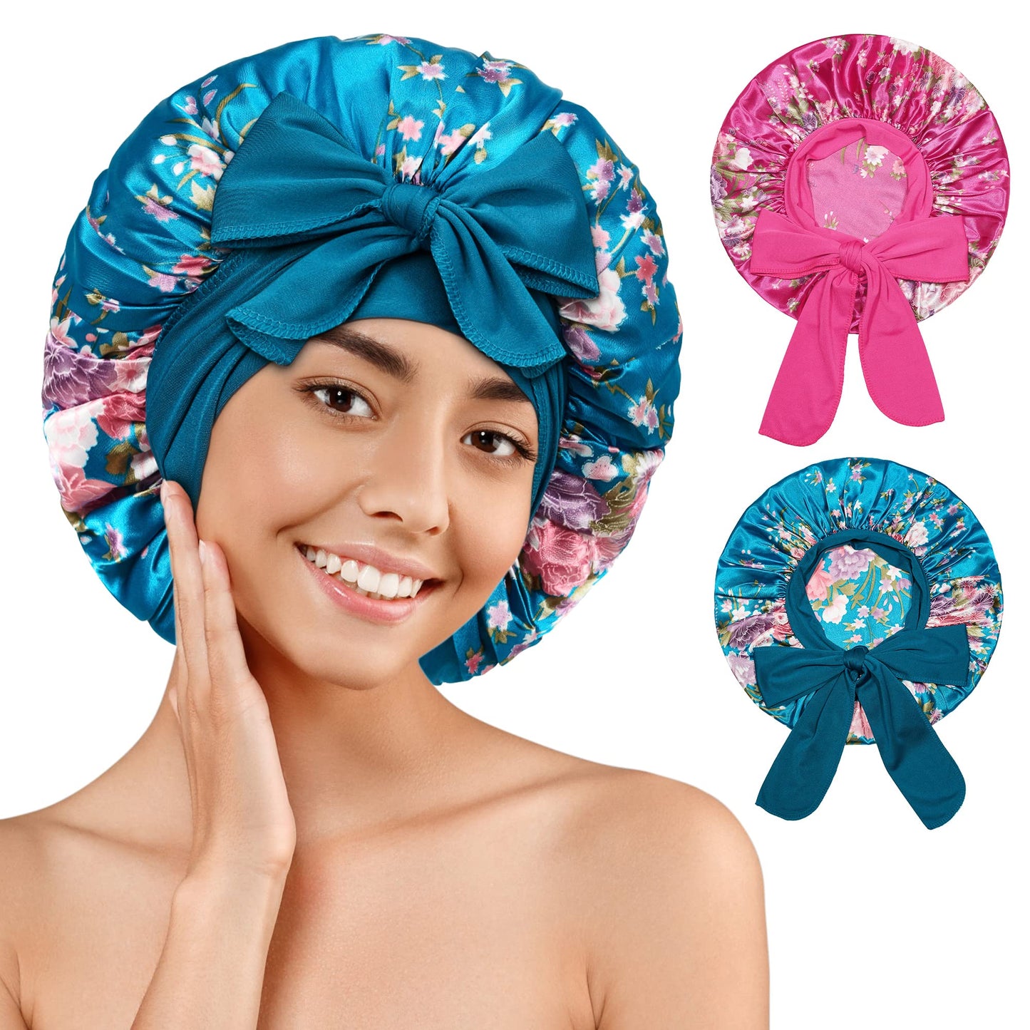 Silk Bonnet for Sleeping, Satin Bonnet for Sleeping, Bonnets for Black Women Silk Hair Bonnet for Sleeping, 2 Pack Tie Band Bonnet for Curly Hair Silk Sleep Cap