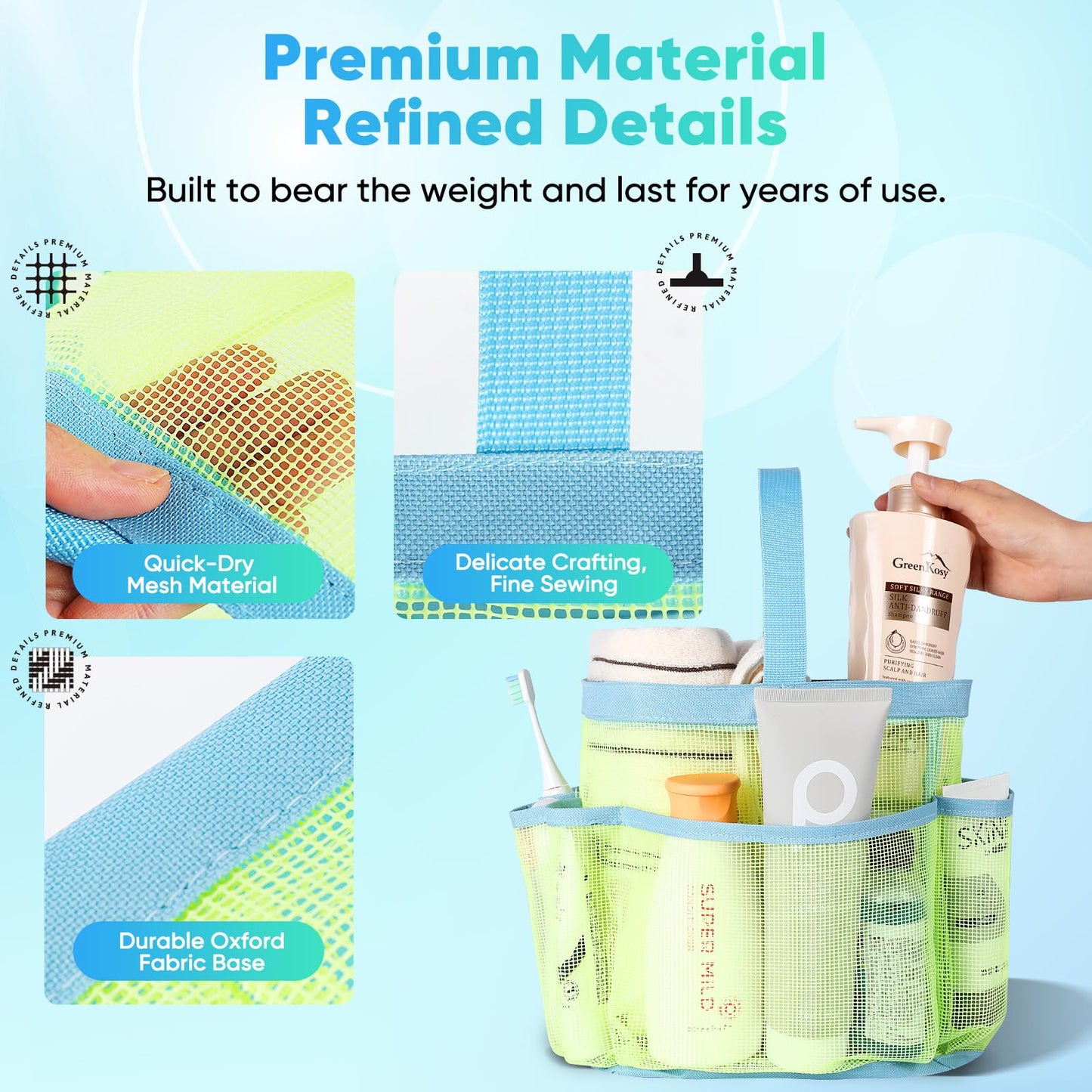 EUDELE Mesh Shower Caddy Portable, 8-Pocket Large Capacity, Quick Dry, Easy Clean, Ideal for Beach, Swimming, Gym, Travel