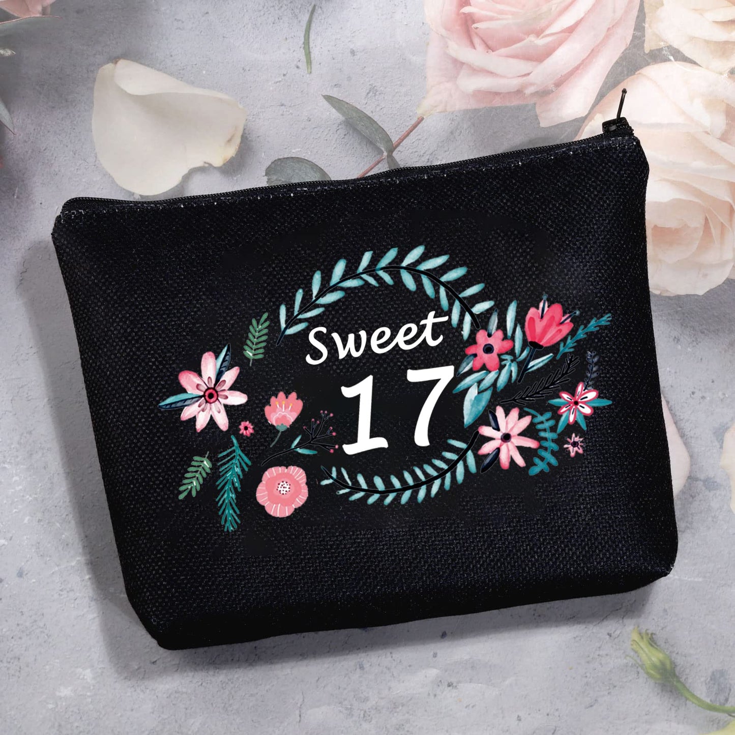 MBMSO Sweet 17 Makeup Bag Happy 17th Birthday Gift Bag 17 Year Old Girl Gifts Inspirational Gifts Black (Sweet 17 Makeup Bag Black)