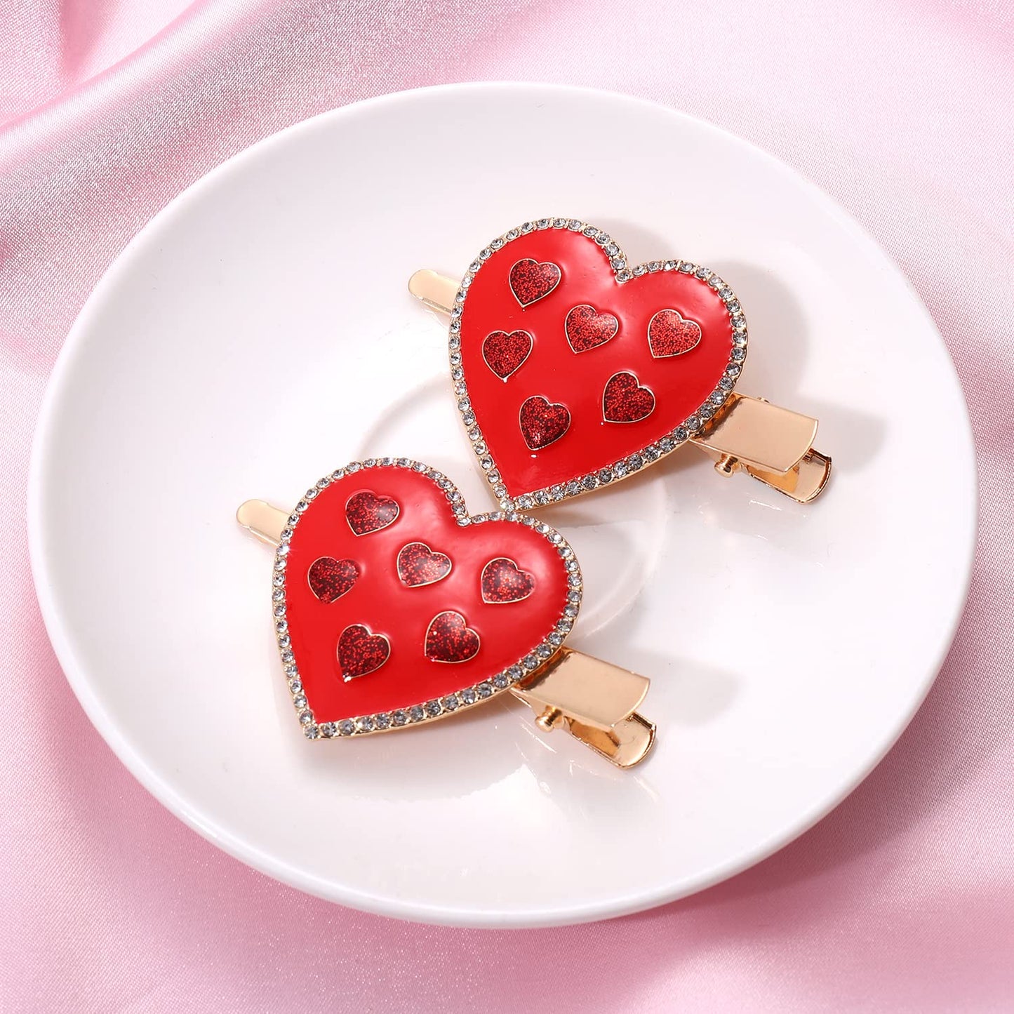 Valentine’s Day Hair Clips Sparkly Rhinestone Enamel Cupid Heart Hairpins for Women Girls Sweet Romantic Triple Love Alligator Clips Barrettes Pretty Styling Hair Accessory Party Gifts (4 packs) (red heart)