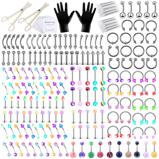 Howinn 194PCS Professional Piercing Kit Stainless Steel Acrylic Piercing Jewelry for Ear Lip Belly Button Tongue Tragus Cartilage Daith Body Piercing Tools Kit with 14G 16G Piercing Needles