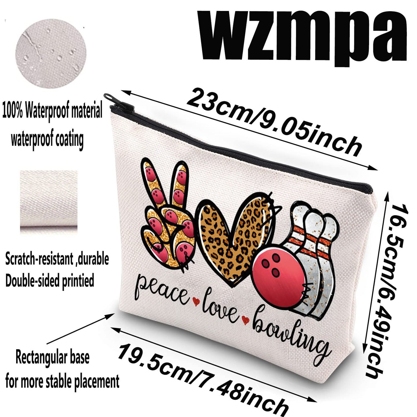 WZMPA Bowling Cosmetic Makeup Bag Bowling Lover Gifts Peace Love Bowling Ball Zipper Pouch For Women Girls (Peace Love Bowling)