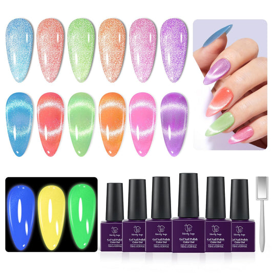 LIBERTY BUGS Cat Eye Gel Nail Polish Set,6 Reflective Glitter Gel Polish with Magnet,include 3 Glow in the Dark Gel Polish Blue,Green,Light Coral Red Nail Polish Gel,UV Light Cured,Nail Art Kit