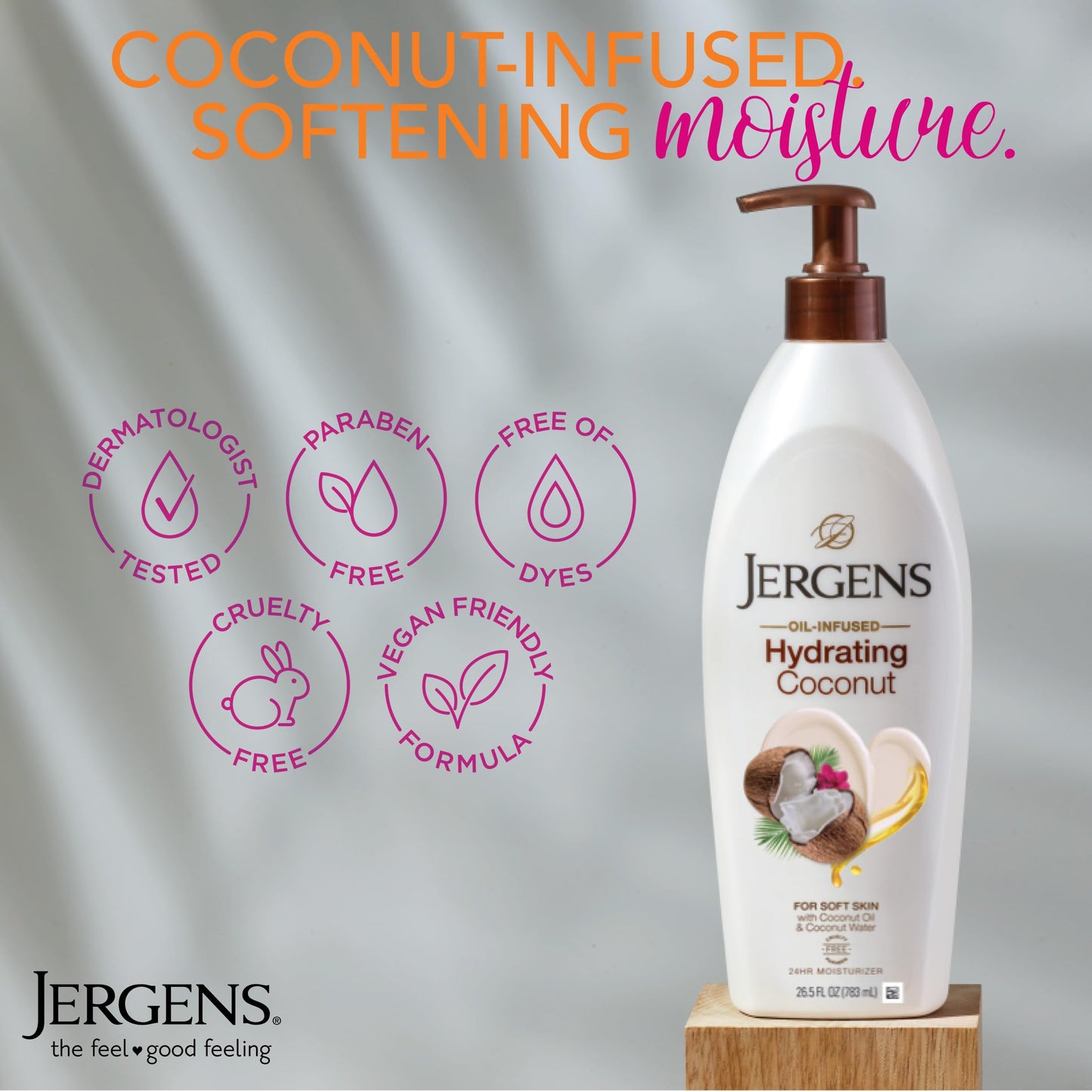 Jergens Hydrating Coconut Body Moisturizer, Infused with Coconut Oil, Dermatologist Tested, Hand and Body Lotion for Dry Skin, 26.5 Oz