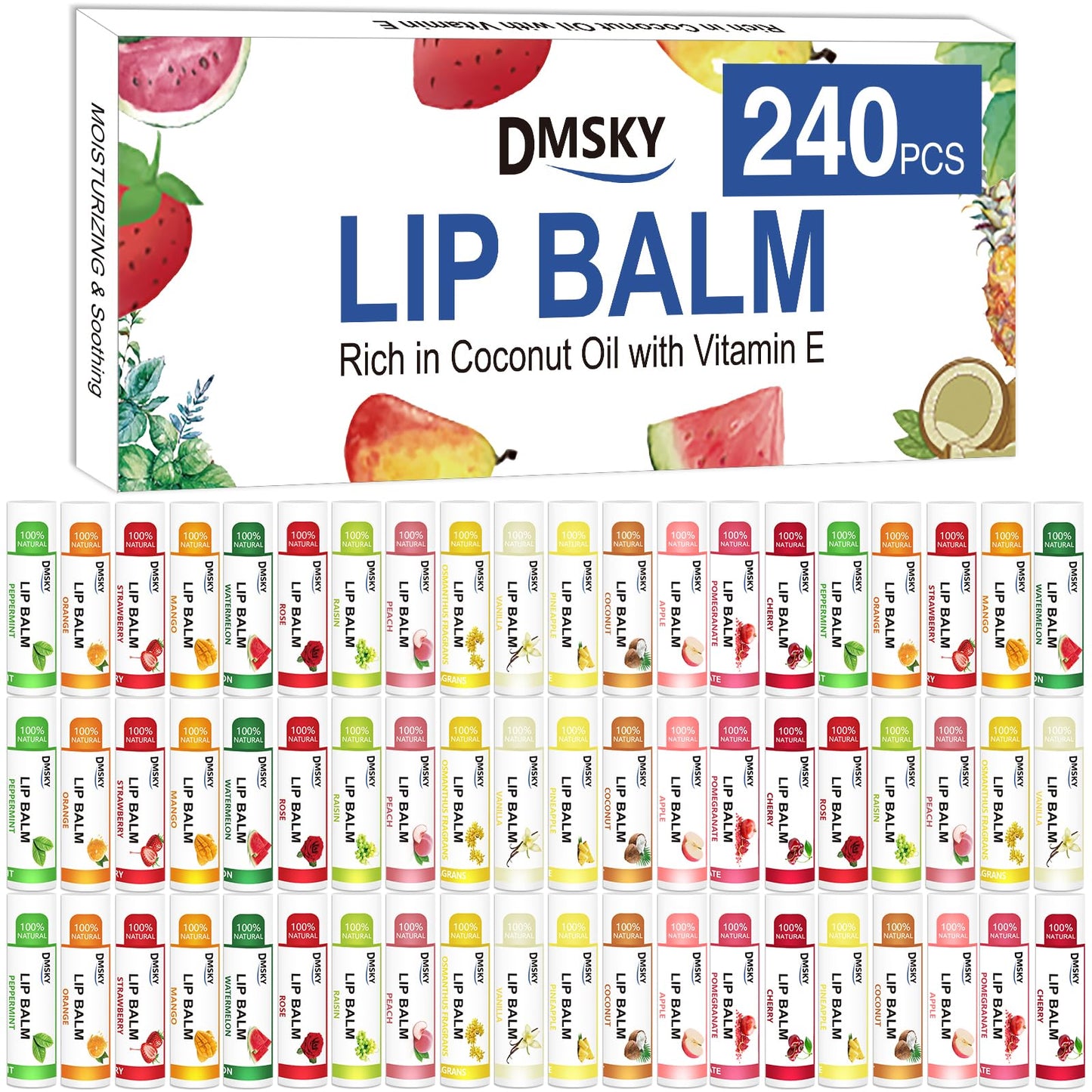 DMSKY 240 Pack Lip Balm, Natural Lip Balm Bulk with Vitamin E and Coconut Oil, Lip Halm Hydrating for Chapped Lips, Gifts for Women Stocking Stuffers Party Favors