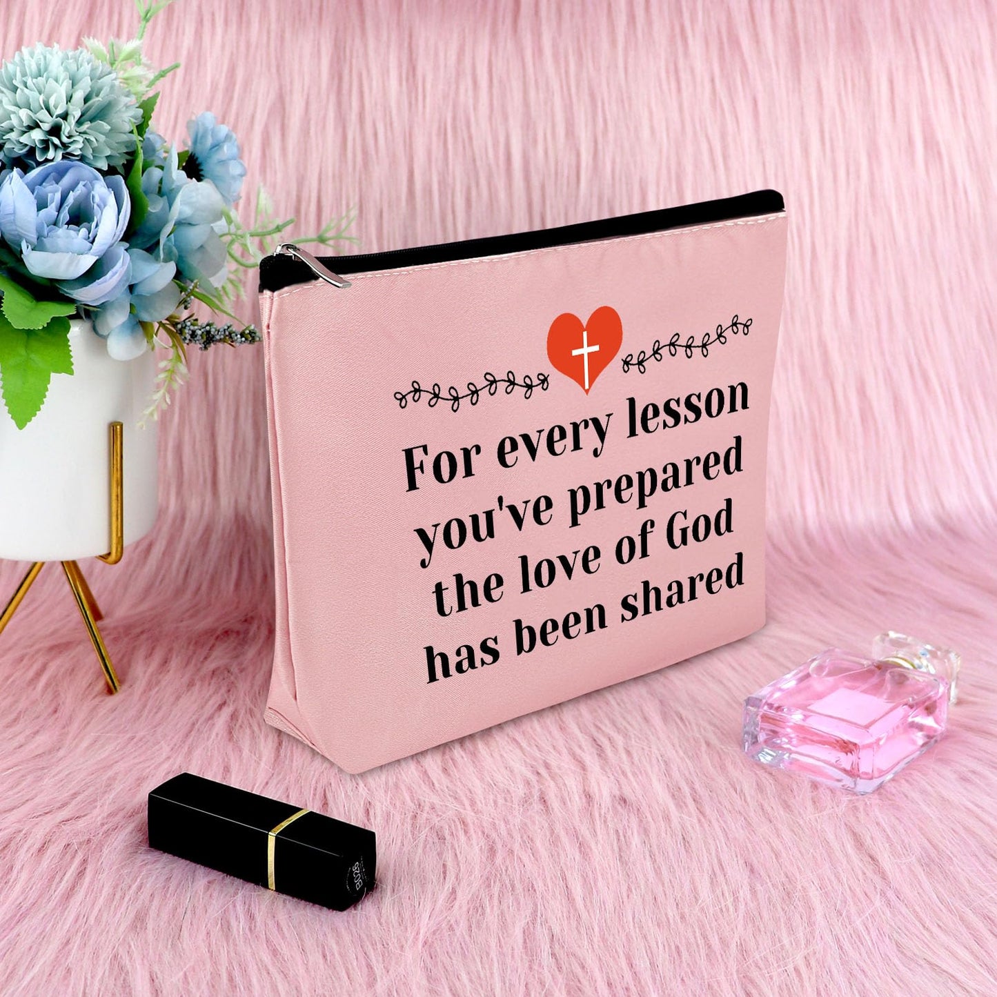 Sunday School Teacher Gift Makeup Bag Religious Gift for Women Teacher Appreciation Gift Cosmetic Bag Christian Gift for Her Funny Birthday Gift Thanksgiving Graduation Gift Travel Pouch（Pink）