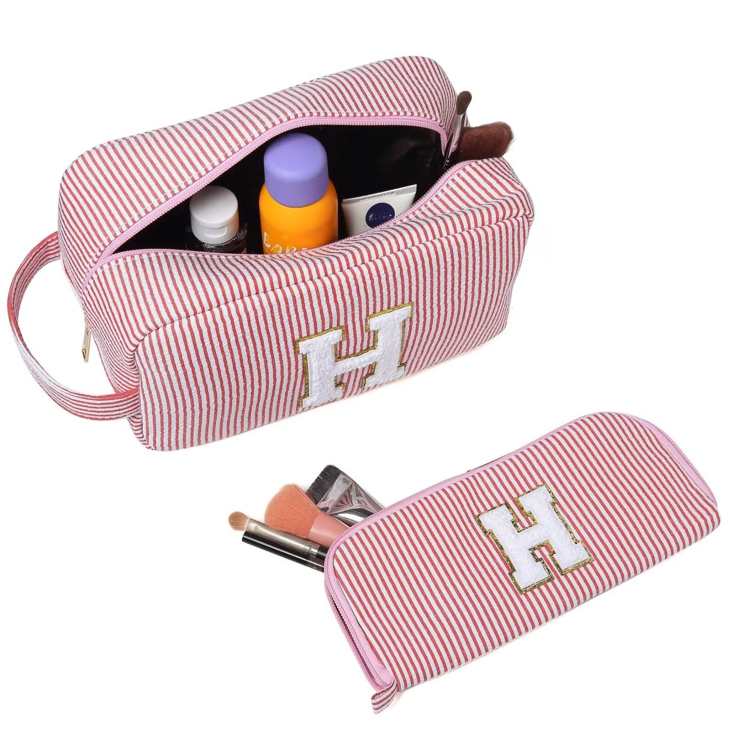 Avgiedy 2Pcs Makeup Bag, Cute Cosmetic Bag, Personalized Initial Preppy Large Capacity Travel Makeup Bag Organizer, Makeup Bag is for Mother, Wife, Friends Birthday, Valentine's Day Gifts-Pink