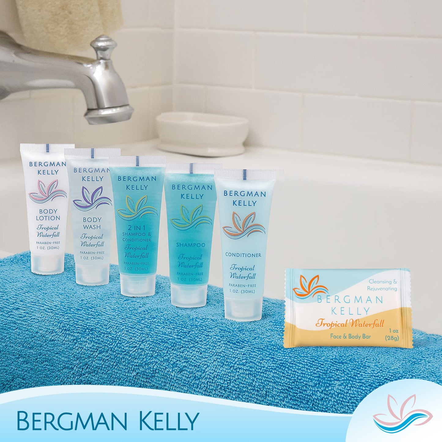 BERGMAN KELLY - Hotel Soap Bars - Tropical Waterfall, 1 oz, 200 PK - Travel Size Luxury Bulk Amenities Bar Soap - Mini Individually Wrapped Rectangular Soap, Small Toiletries for Airbnb & Motel