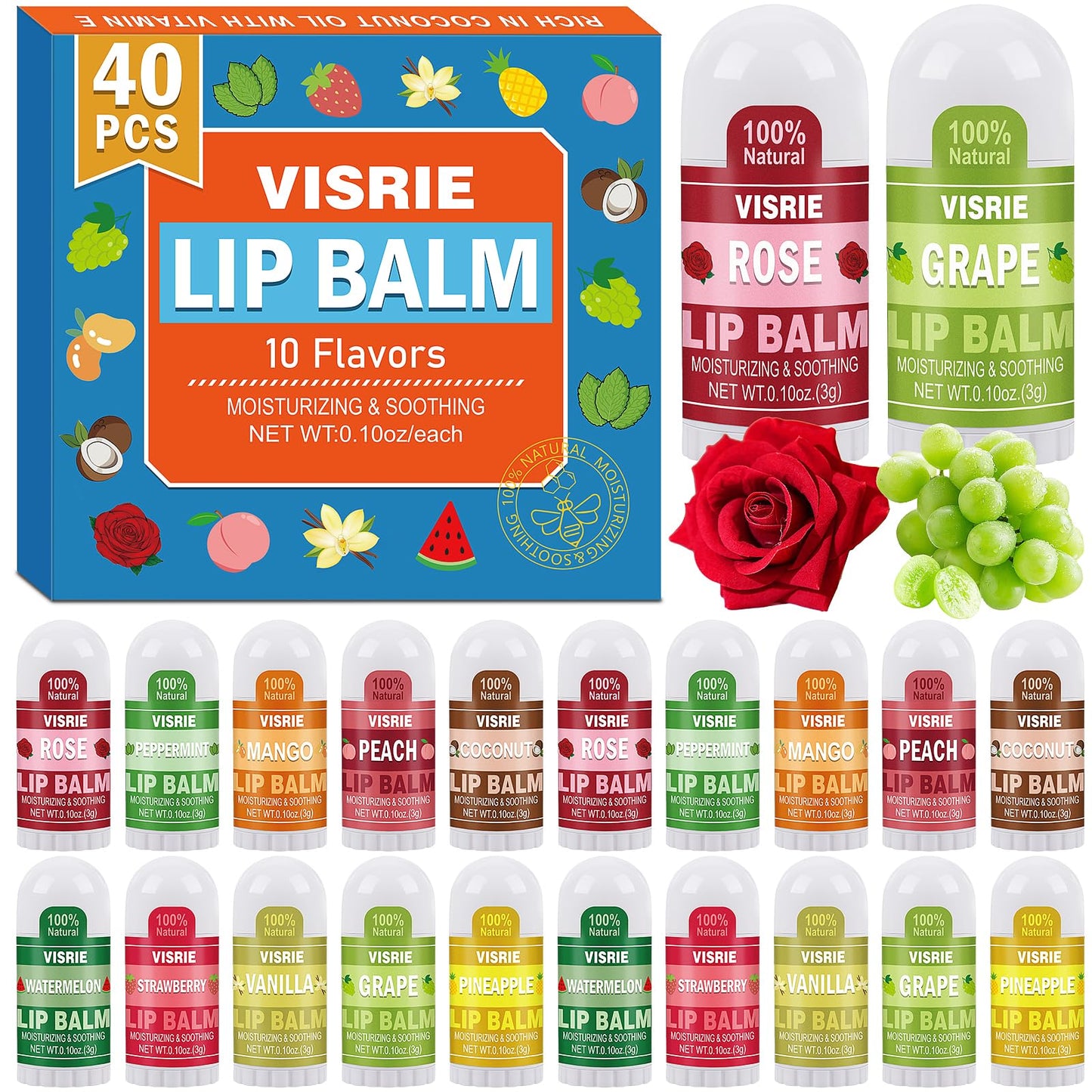 VISRIE Mini Lip Balm 60 Count, Lip Balm Bulk with Vitamin E & Coconut Oil, Moisturizing Lip Balm for Dry Cracked lips - 10 Flavors