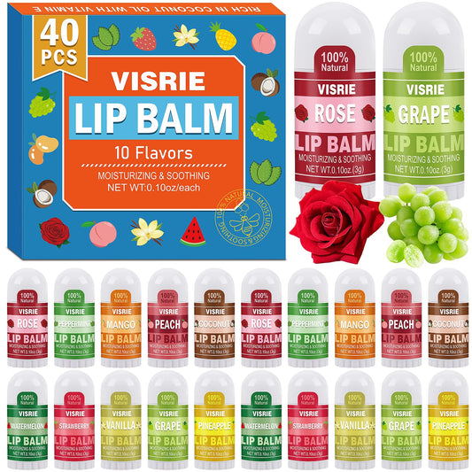 VISRIE Mini Lip Balm 60 Count, Lip Balm Bulk with Vitamin E & Coconut Oil, Moisturizing Lip Balm for Dry Cracked lips - 10 Flavors