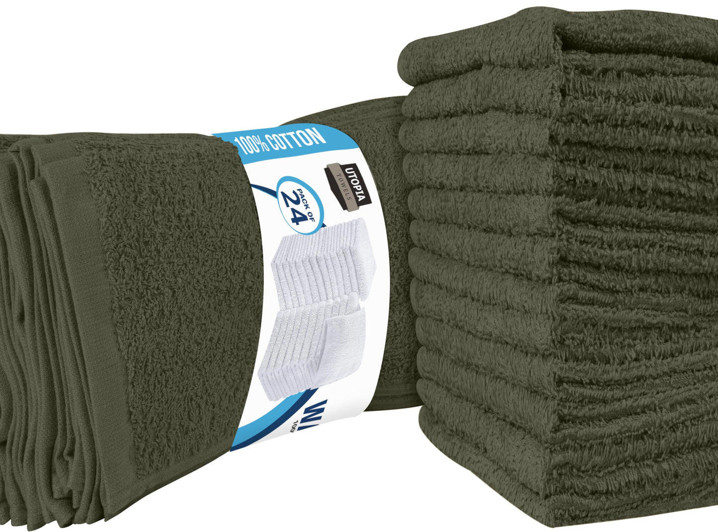 Utopia Towels 24 Pack Cotton Washcloths Set - 100% Ring Spun Cotton, Premium Quality Flannel Face Cloths, Highly Absorbent and Soft Feel Fingertip Towels (Dusty Olive)